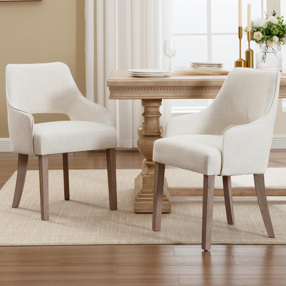 DM Furniture Farmhouse Dining Chairs Set of 2 Linen Kitchen Chairs with Arm Upholstered Accent Side Chair w/Wood Legs for Living Room/Dining Room/Bedroom/Restaurant, Cream DM Furniture