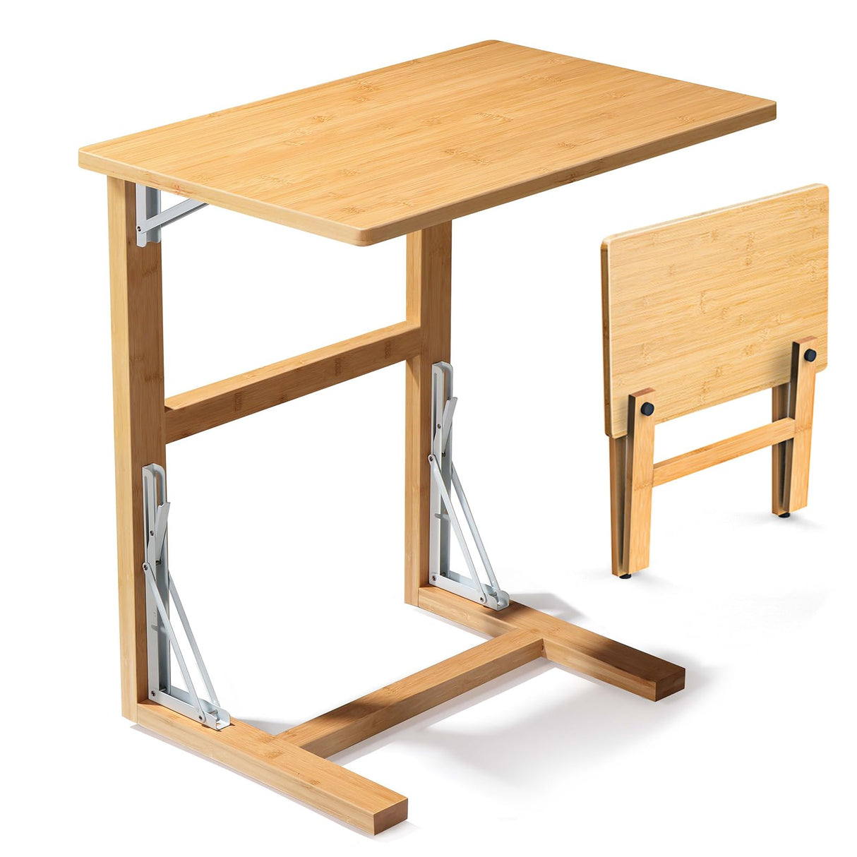 Tatub 24'' Wide Folding C Shaped End Table, Small Sofa Side Laptop Desk, Couch TV Tray Table for Living Room, Bedroom, Nature Bamboo Tatub