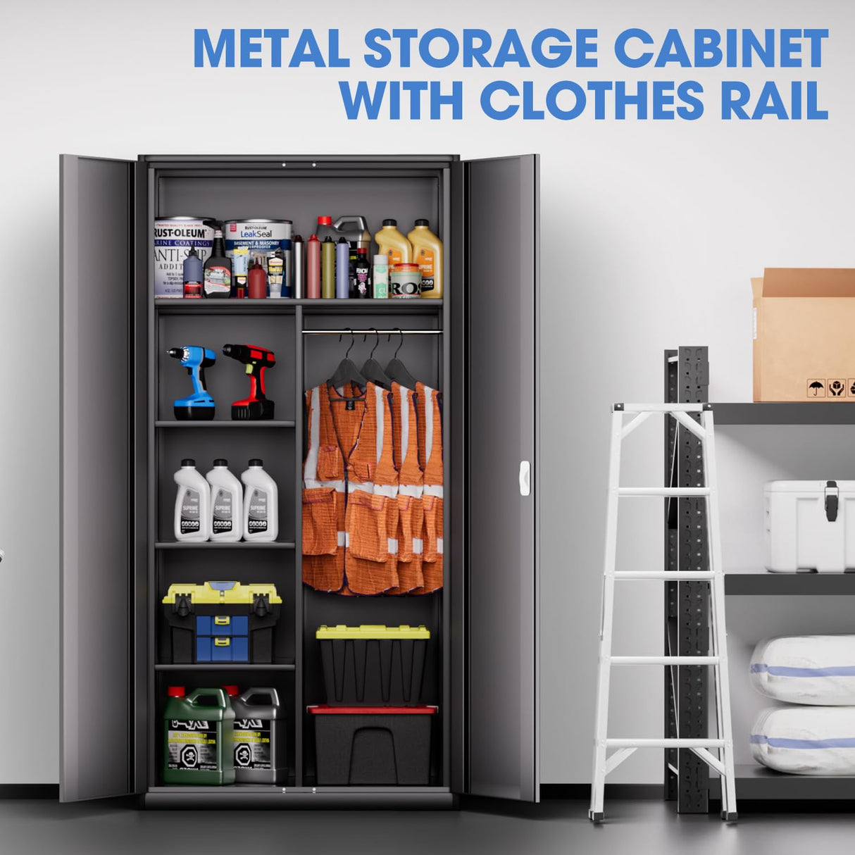 DNA MOTORING Metal Storage Cabinet, 72" Storage Wardrobe with Lock and Hanging Rod, Locking Cabinet Heavy Duty Utility Cabinet with 4 Shelves for Garage,Office,Home,Gym, Black, TOOLS-00633-BK-BK DNA MOTORING