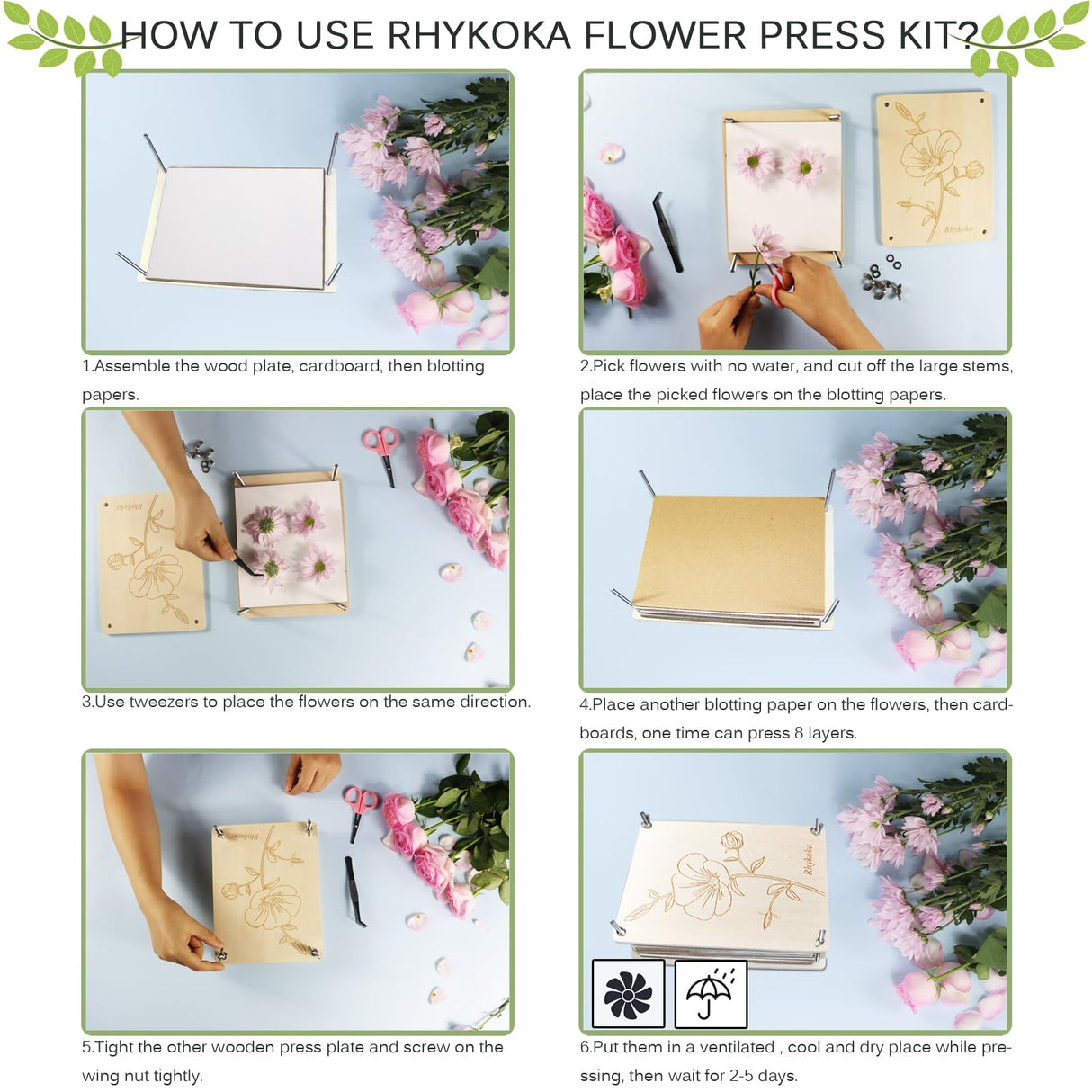 Rhykoka Professional Flower Press, 8 Layers 6.3x8.3 inch (16x21cm) Wooden Flower Press Kit/Flower Pressing for Kids Adults, Great Gift for DIY Flowers Lovers (Wooden) Rhykoka