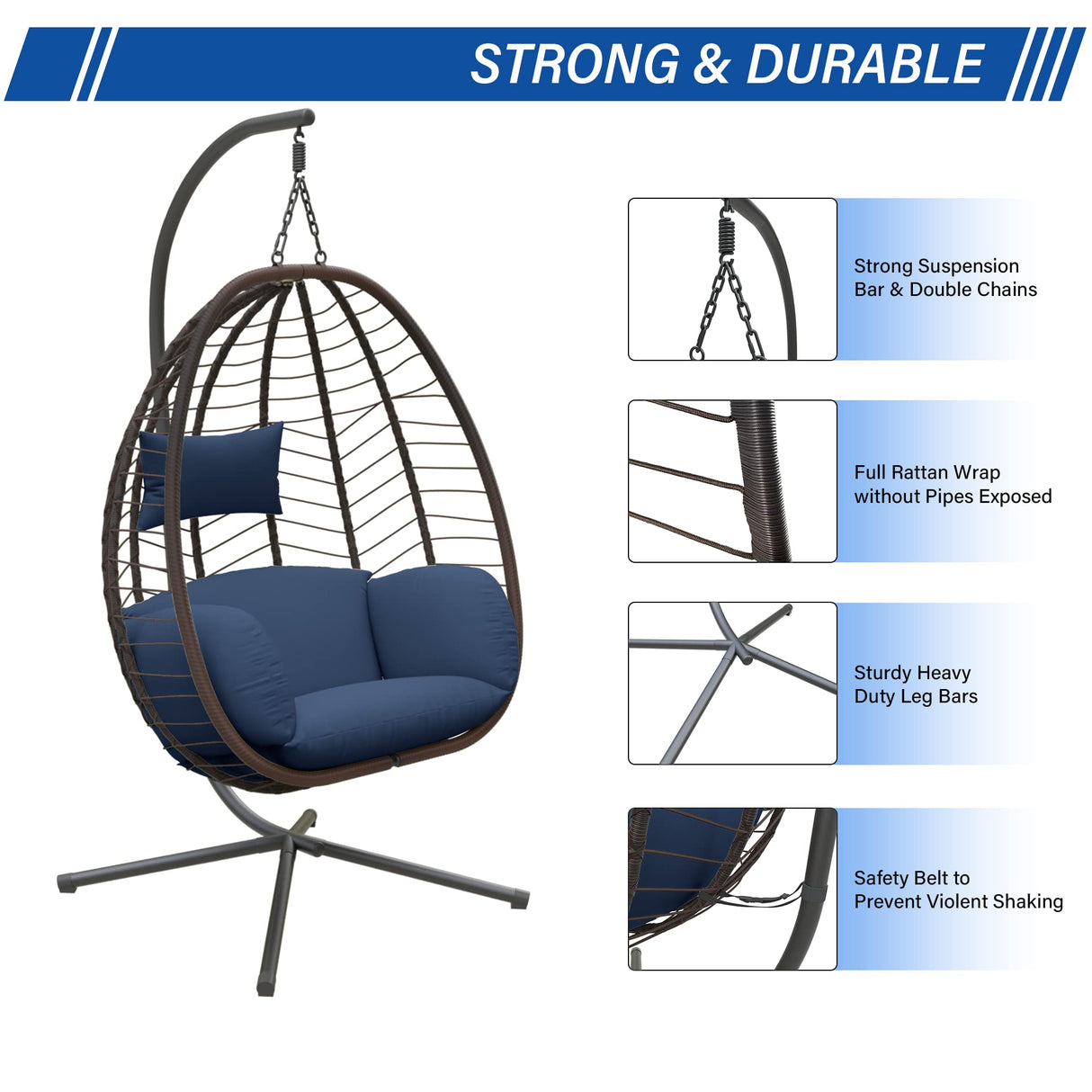 ALAULM Egg Swing Chair Outdoor Indoor Wicker Rattan Hanging Chair with Stand 350lbs Capacity w/Strong Frame & Dark Blue Cushions for Patio Balcony Bedroom ALAULM