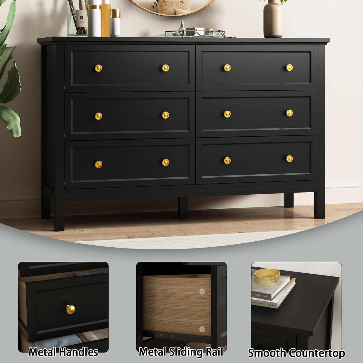 CARPETNAL Black Dresser for Bedroom, 6 Drawer Dresser with Wide Drawer and Metal Handles, Wood Dressers & Chests of Drawers for Hallway, Entryway. CARPETNAL