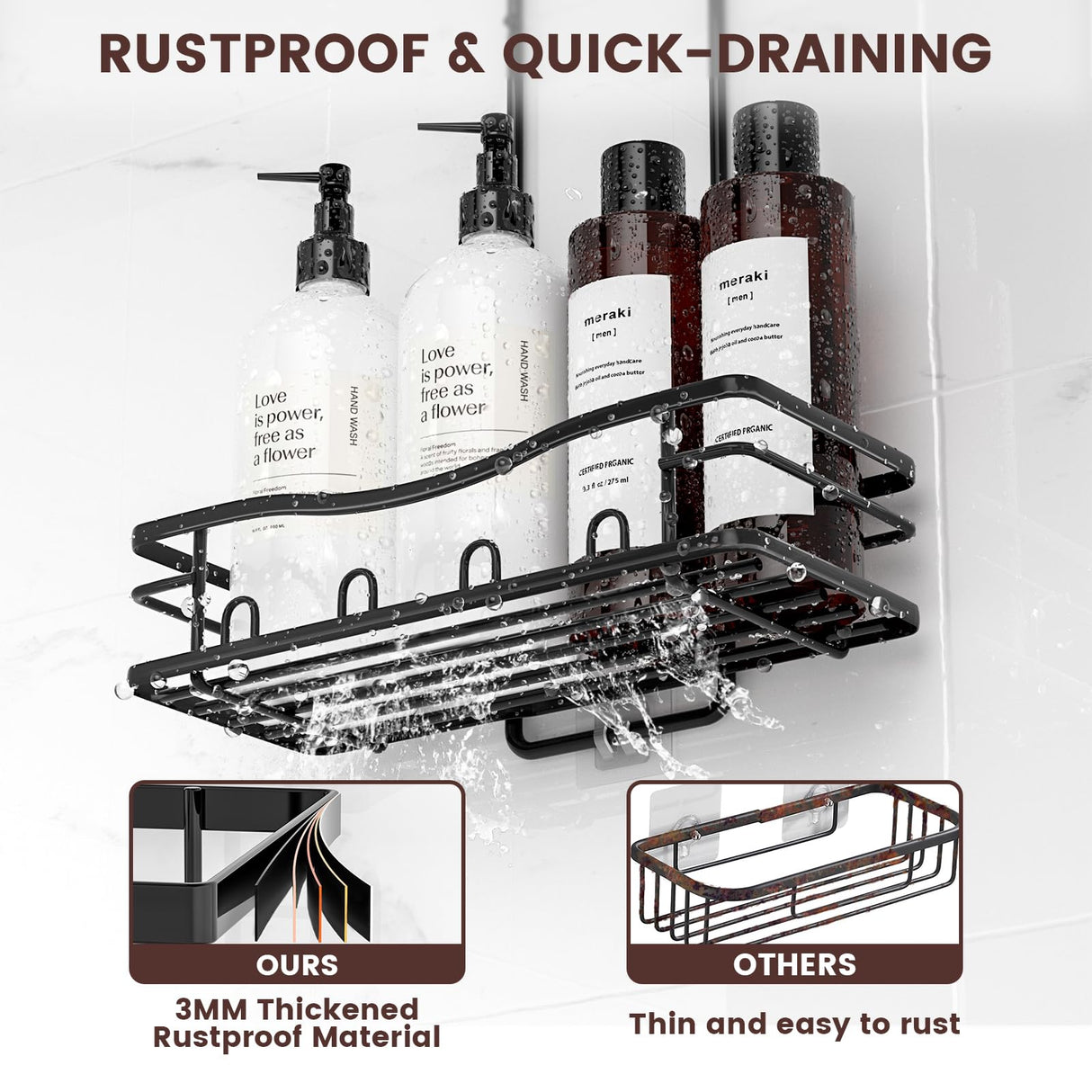 REINHARDT Shower Caddy Hanging, Rustproof Shower Caddy Anti-Swing Shower Organizer Over Showerhead No Drilling Shower Racks with Soap Holder Multi Hooks Bathroom Storage for Shampoo Sponge, Black REINHARDT