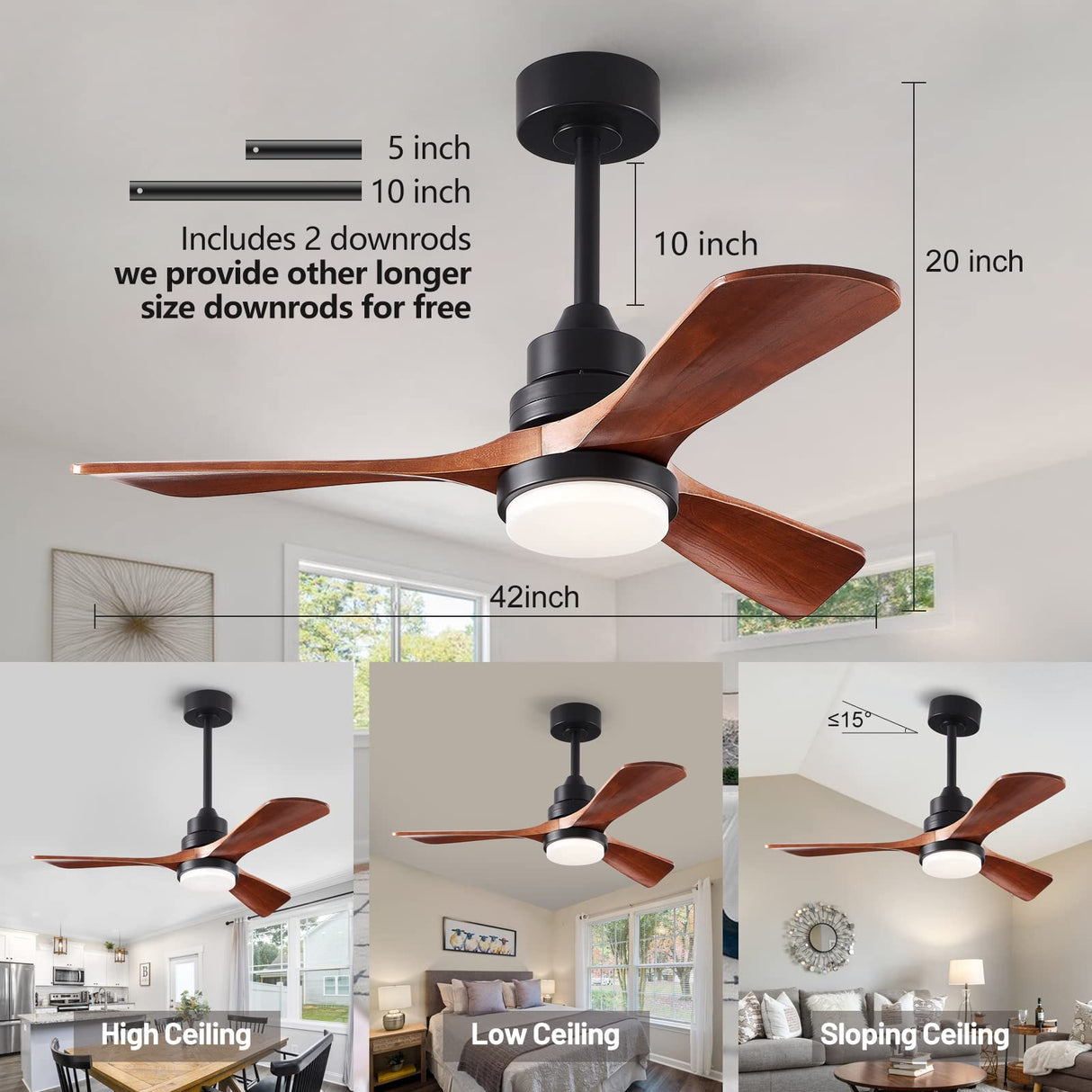 FXZZ 42" Wood Ceiling Fans with Lights and Remote, Quiet Reversible DC Motor and 3 Color LED Light, 3 Blades 6 Speed Ceiling Fan for Farmhouse Living Room Bedroom Dining Room Workroom Study FXZZ