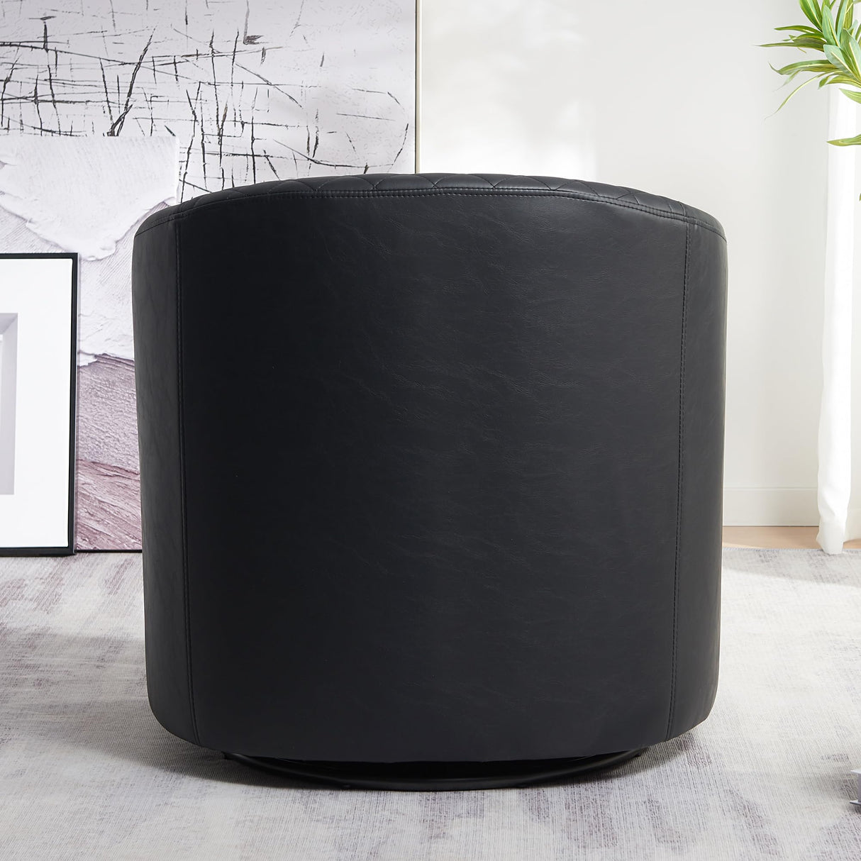 KINWELL 29" Wide Tufted Faux Leather Swivel Barrel Chair, PU Leather Modern Upholstered Accent Chairs with Nailhead Trim, Small Armchair for Living Room Bedroom, Black KINWELL