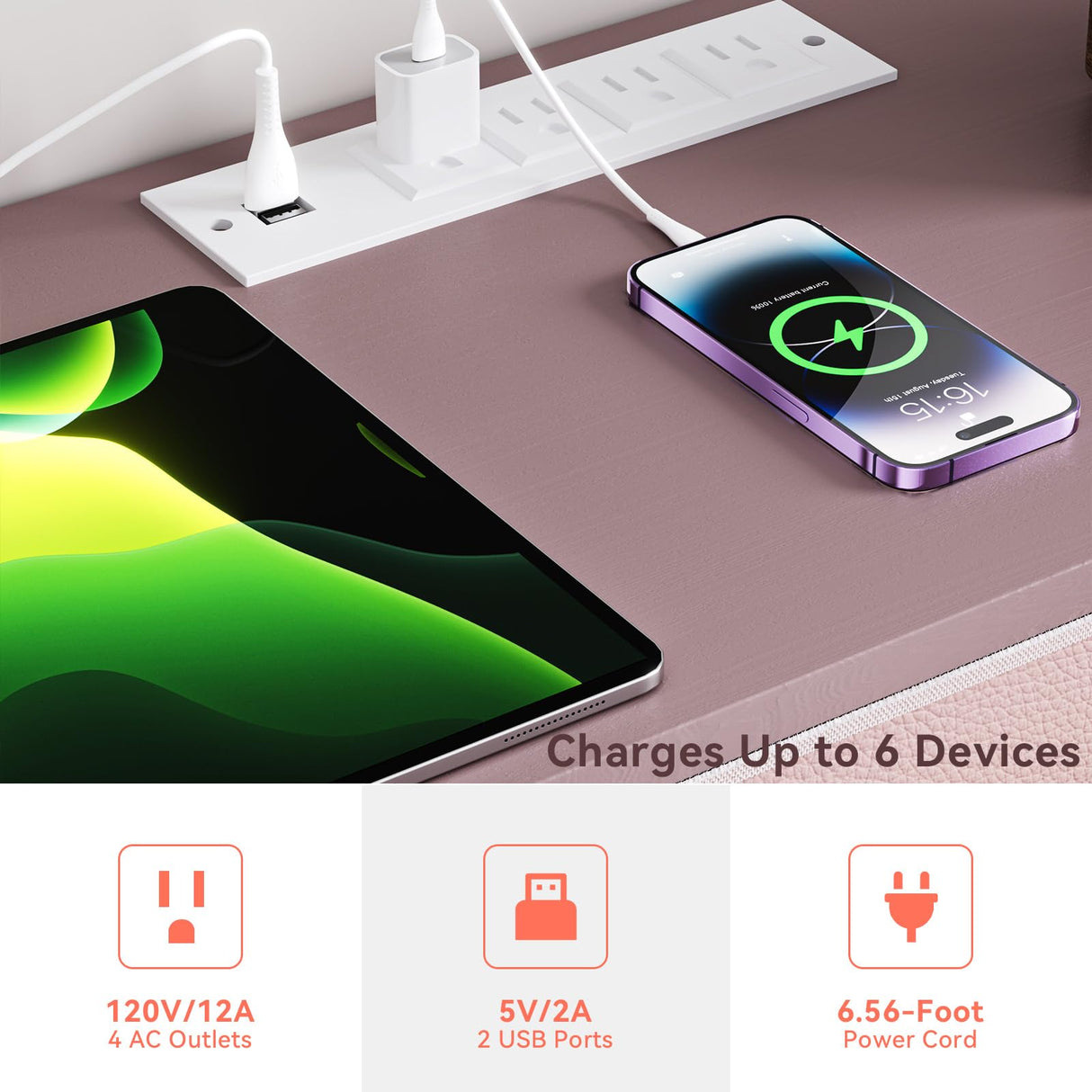 YILQQPER Dresser for Bedroom TV Stand with Power Outlets and LED Light, 6 Drawers Dresser with Side Pockets & Hooks, Wide Dresser with Shelves for 45" TV, Fabric Chest of Drawers with PU Finish, Pink YILQQPER