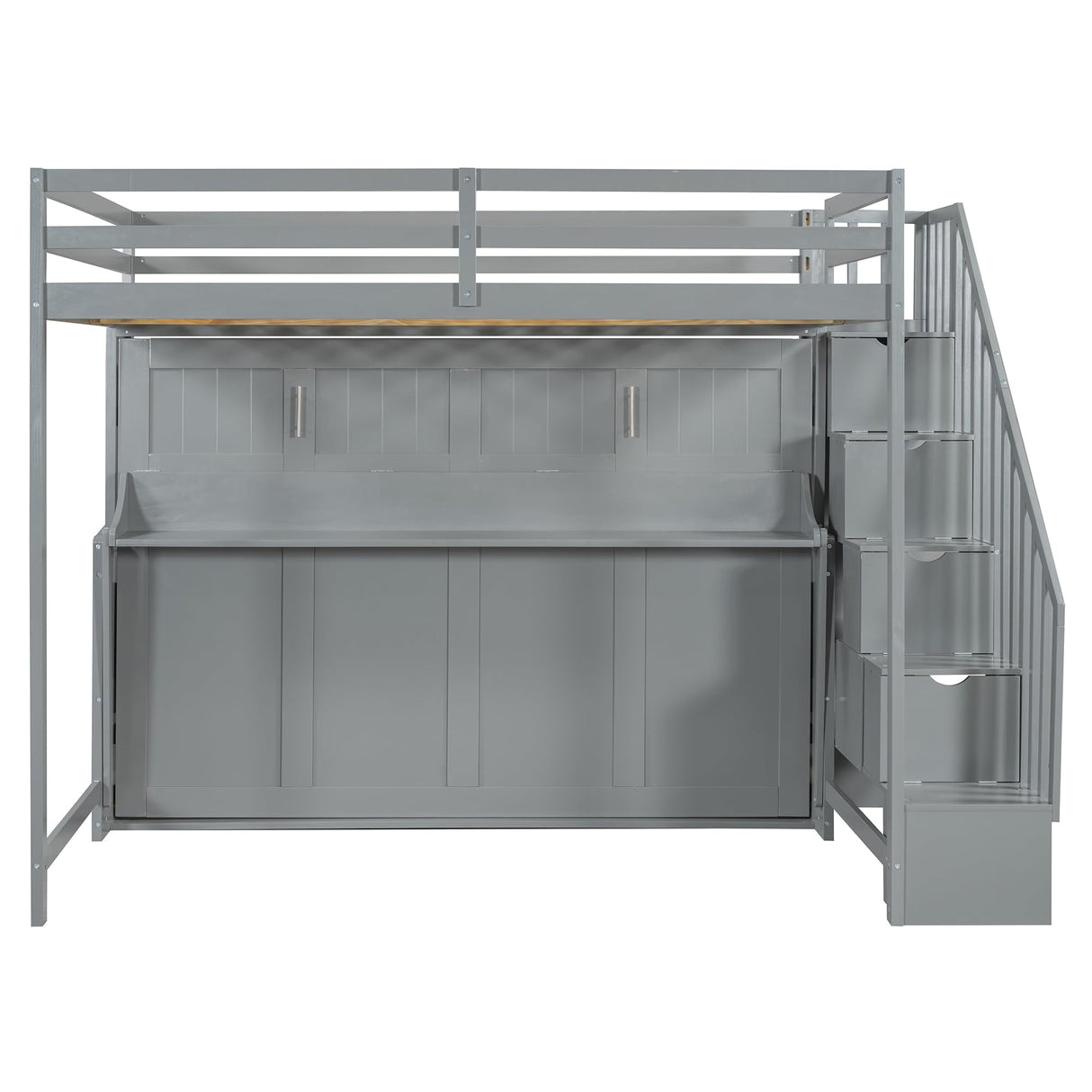 Merax Modern Farmhouse Solid Wood Loft Bed with Murphy Bed Cabinet w/Hydraulic Lift Full Over Full, Wall Bunk Bed with Storage Staircase, Shleves & Desk/Space Saving/Wood Slat Support/Gray Merax