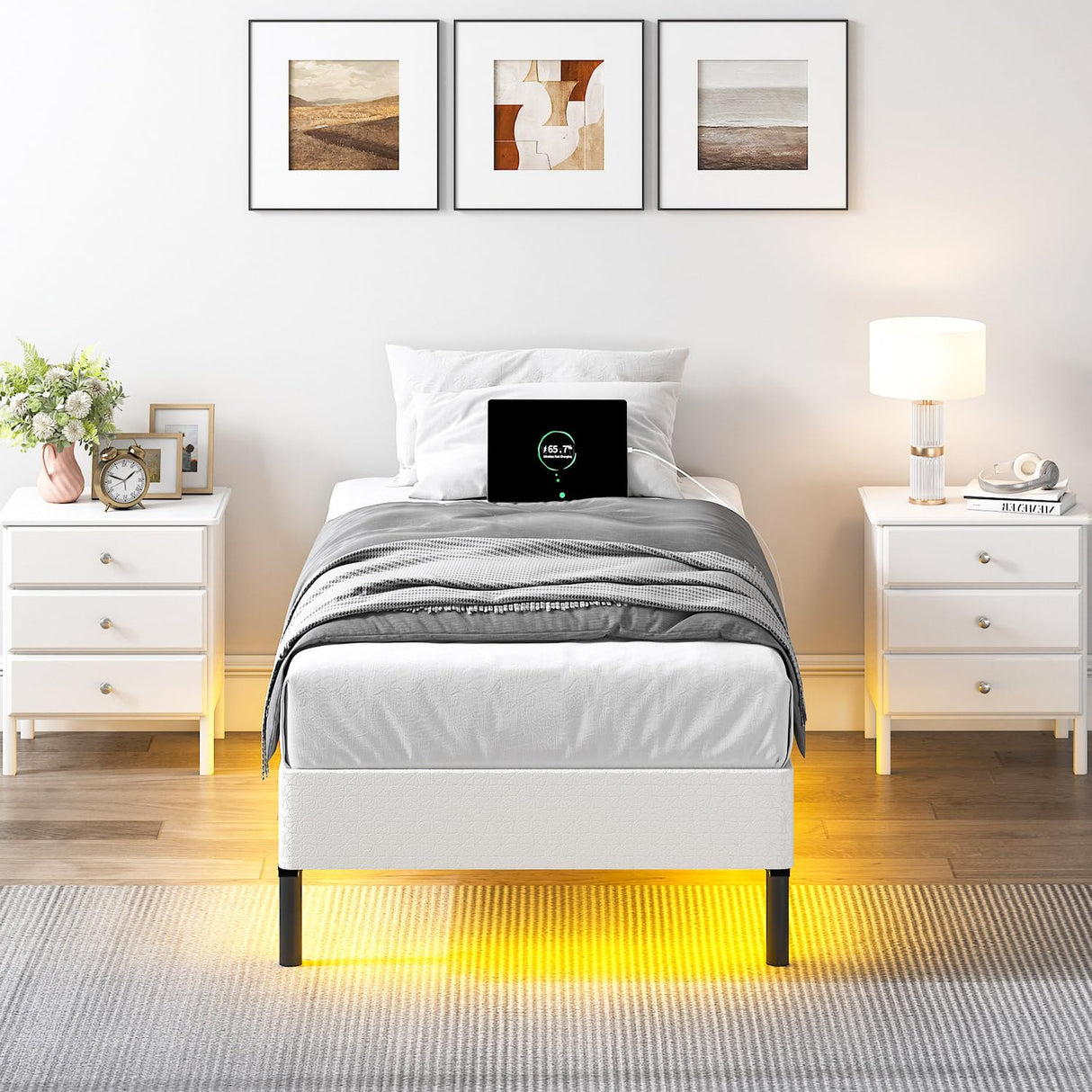 QEROMY Twin Bed Frame for Box Spring, 7 Inch Metal Bed Frame with LED Lights, 9-Legs Support Bed Base, Tool-Free Easy Assembly QEROMY