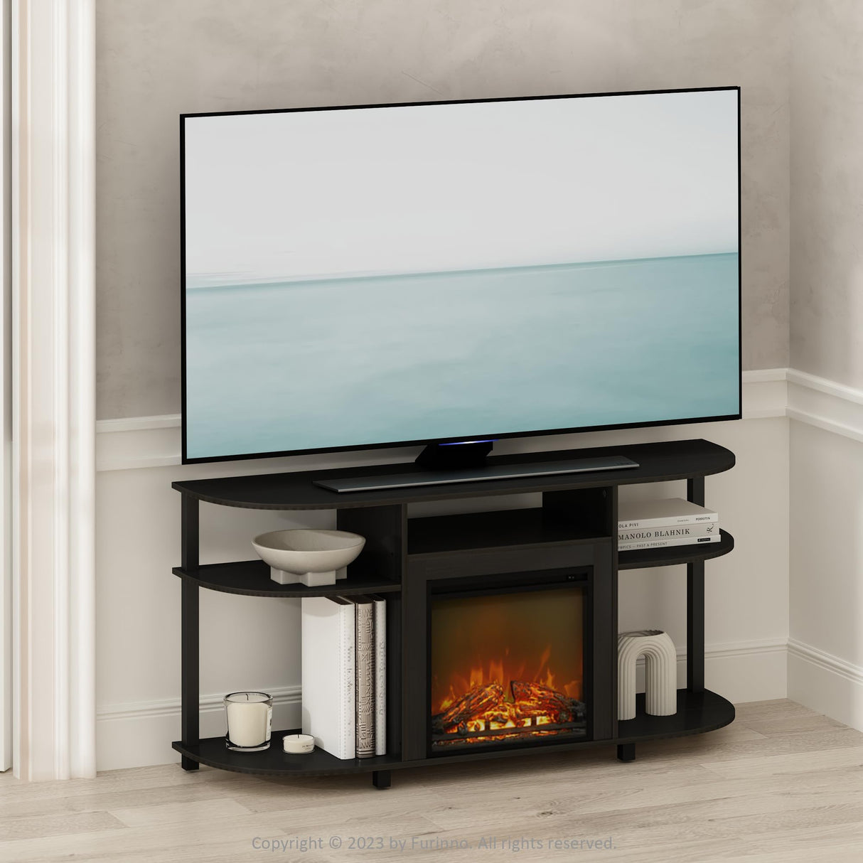 Furinno Jensen No Heat Decorative Electric Fireplace TV Stand, Entertainment Center for TV up to 55 Inch with Curved Open Storage, Americano Furinno