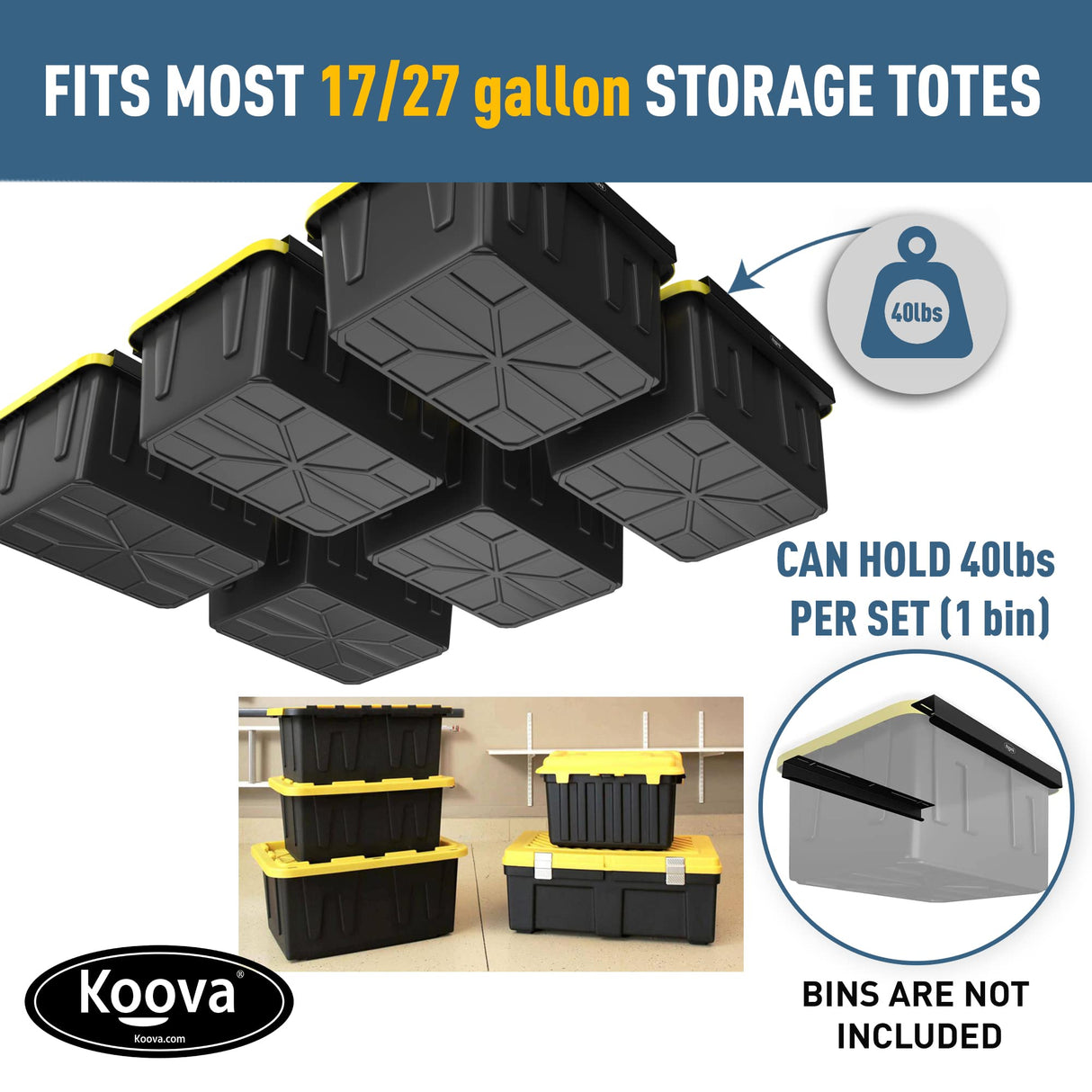 Koova Heavy-Duty Overhead Garage Storage Rack for 6 Bins. Adjustable Width, 240lb Capacity. DIY Safe Mount, Easy Install. Fits 27-Gallon Totes. USA Made Pro-Grade Steel. Space Saving Organizer Koova