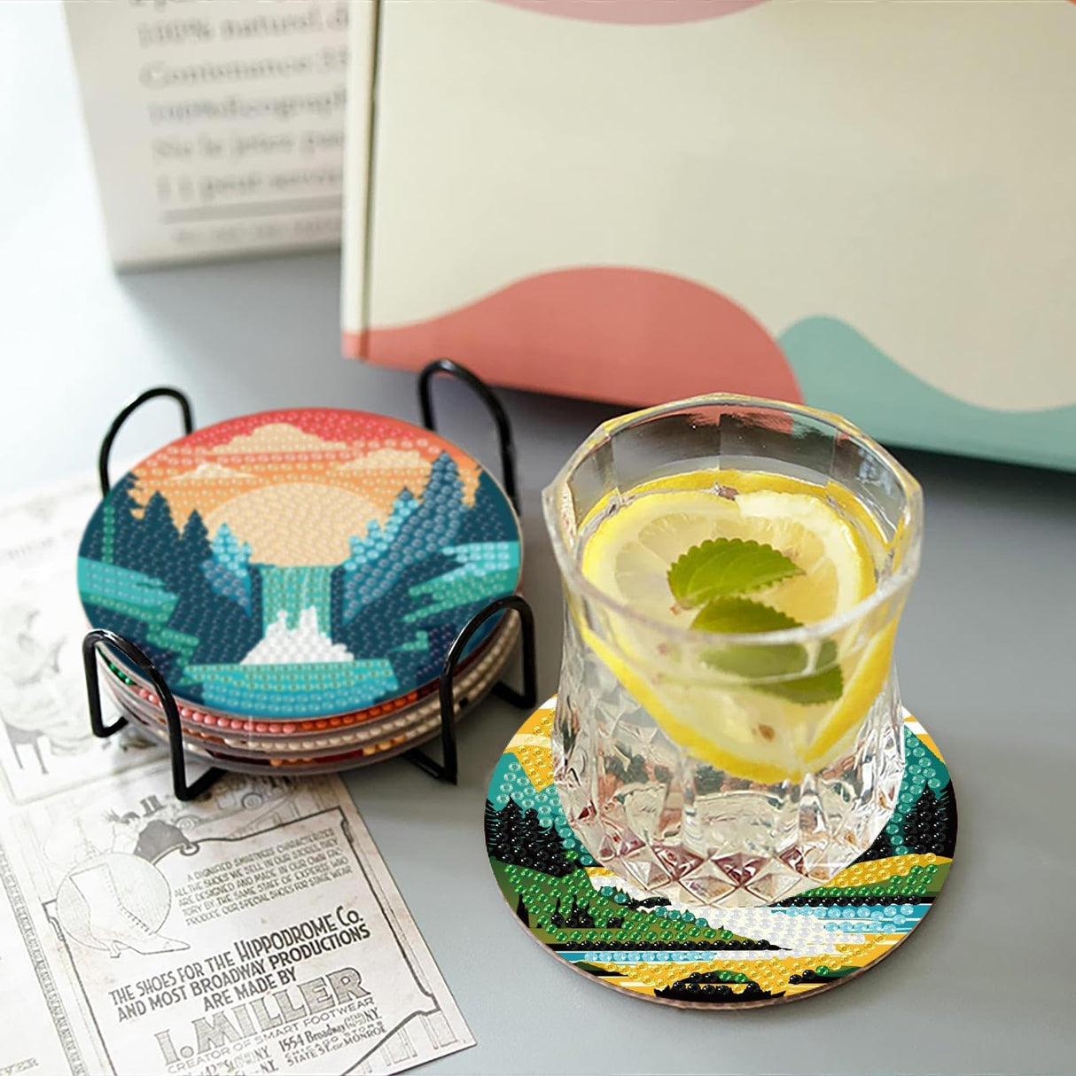 Clendo 8 Pcs Landscape Diamond Art Coasters Kit with Holder, Sunset Small Diamond Art Kits for Adults Beginners, Diamond Painting Coasters Arts and Crafts for Adults Supplies Item Sets Clendo