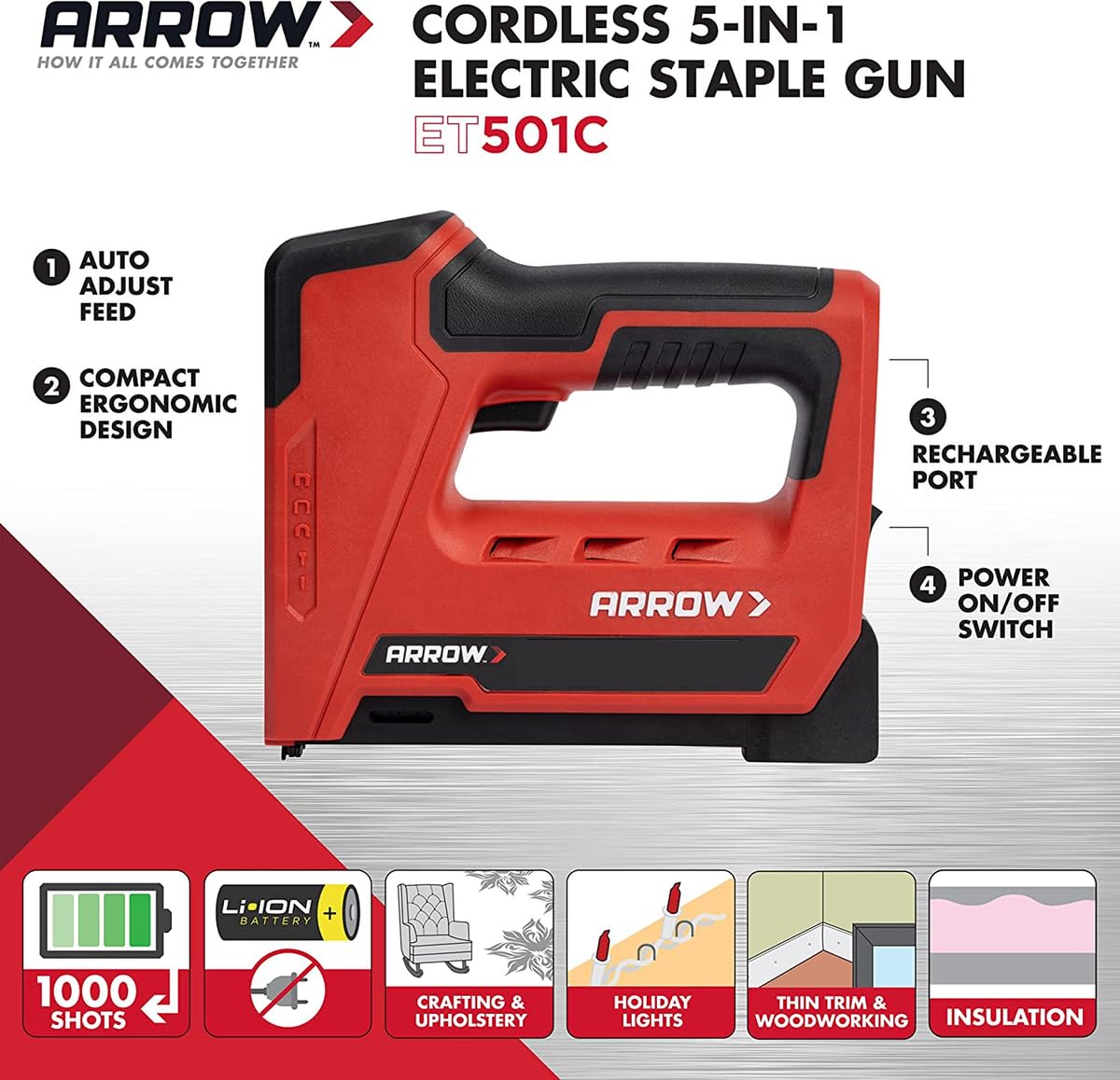 Arrow ET501C Cordless 5-In-1 Professional Staple and Nail Gun, Battery Powered Wire Stapler and Brad Nailer for Upholstery, Framing, Roofing, Crafts, Fencing, Cable, Black/Red Arrow