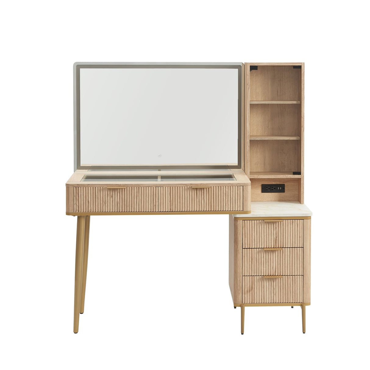 T4TREAM Makeup Vanity Desk with 36" HD Lighted Mirror, 48" Big Modern Vanity Desk with Mirror and Lights, Dressing Table with 5 Drawers & Shelves, Glass Top for Bedroom (Natural Oak) T4TREAM