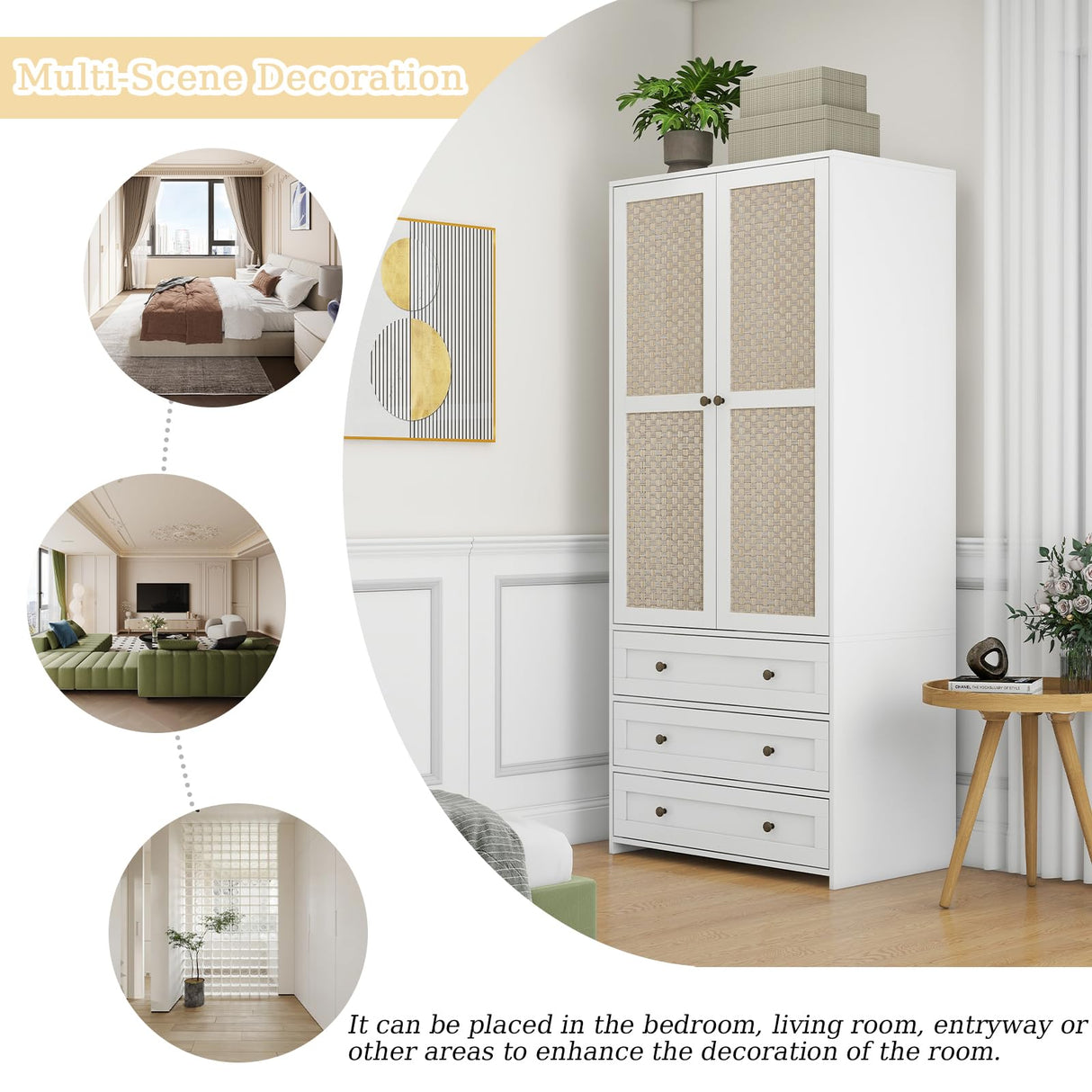 YHAOWORKS Armoire Wardrobe Closet with Drawers - Rattan Clothing Storage Cabinets with 2 Woven Doors, 71" Wood Wardrobe Cabinet with Hanging Rod for Bedroom (White) YHAOWORKS