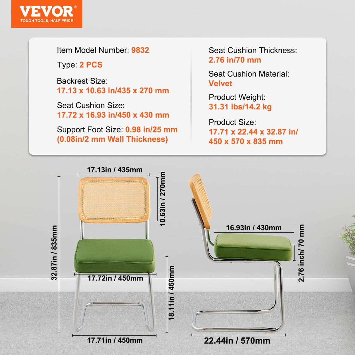 VEVOR Rattan Dining Chairs Set of 2, Mid Century Modern Dining Chair, Upholstered Velvet Accent Chair with Rattan Back, Retro Dining Room Kitchen Chair for Living Room, Bedroom (18.1 Inch) VEVOR