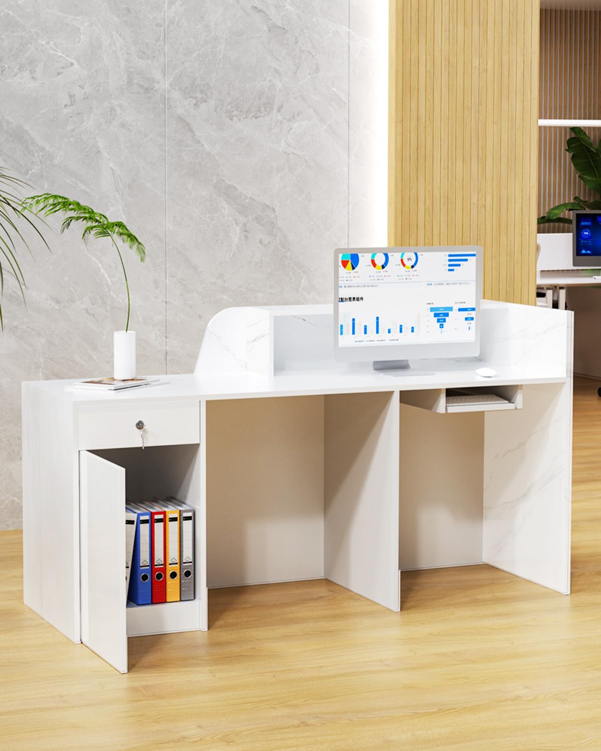 White Reception Desk, Solid Wood Reception Desk with Counter, Check Out Stand with Lockable Drawer & Cabinet, Retail Checkout Counter for Office, Store, Beauty Salon (White Grille-R, 63in) Gguileb
