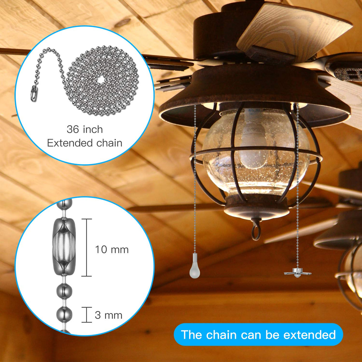 Generic ELFCAB Ceiling Fan Pull Chain Set, Including 4Pcs Beaded Ball Fan Pull Chain Pendant, Extra 8Pcs Pull Loop Connectors, 2Pcs 36 inches Fan Pull Chain Extension. (Nickel), 12inch Mnixy