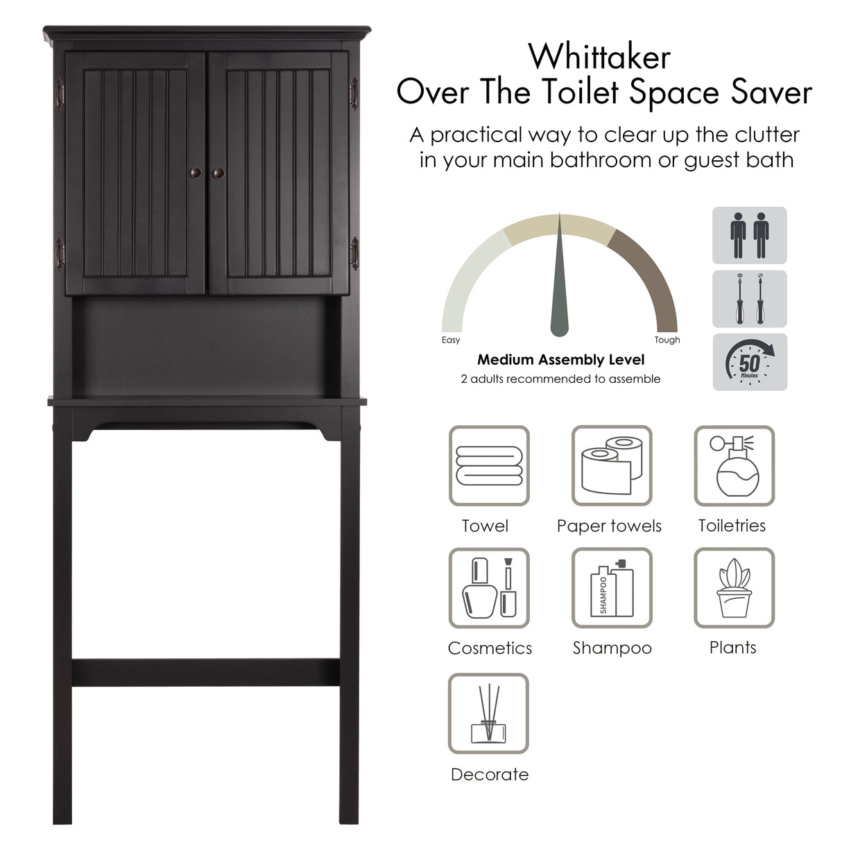 UTEX Bathroom Storage Over The Toilet, Above Toilet Storage Cabinet Organizer with Adjustable Shelves and Double Doors, Espresso UTEX