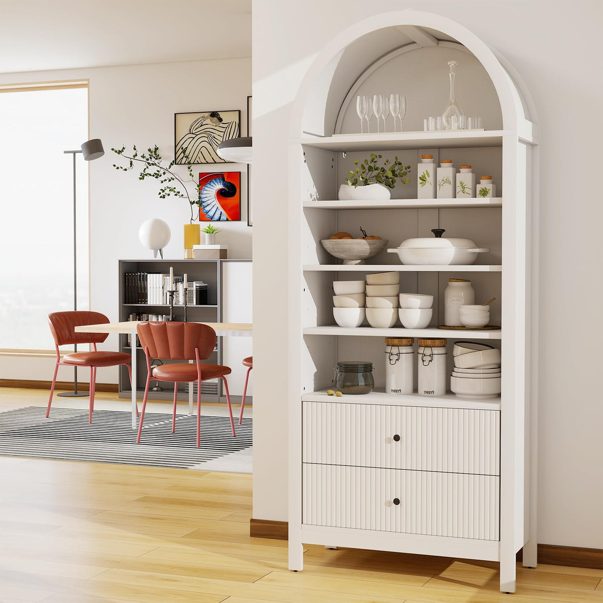 GOODONE 71" Tall Arched Bookcase - Arched Bookshelf with 2 Drawers & Adjustable Shelves, Tall Arched Storage Cabinet for Living Room, Kitchen,Home Office(White) GOODONE