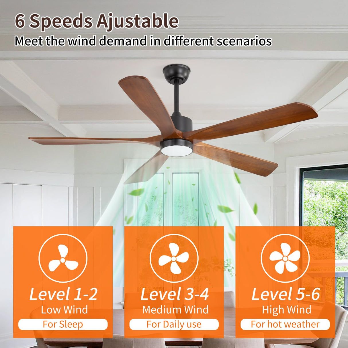 60 inch Outdoor Ceiling Fans for Patios, Natural Solid Wood 60 inch Ceiling Fan with Light, 6 Speeds Quiet Reversible & 3-Color Light, Modern Ceiling Fan for Kitchen, Bedroom, Patio Mount Jasper