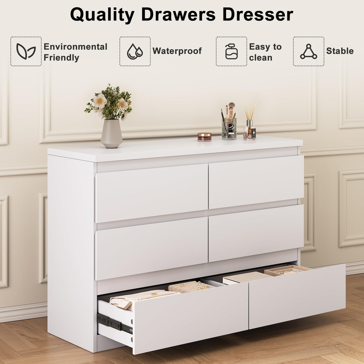 Jocoevol White 6 Drawer Dresser for Bedroom, 15.3" D x 47.2" W x 32.3" H in Simply Modern Chest of Drawers, Wood Storage Double Dresser with Deep Drawers for Living Room, Hallway Entryway, White Jocoevol