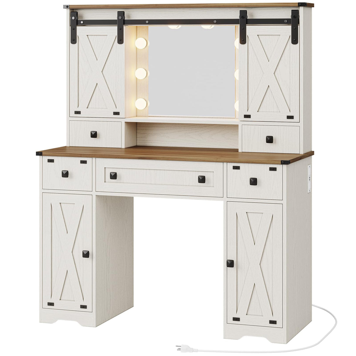 Hasuit Farmhouse Vanity Desk with Mirror and Adjustable Lights in White Hasuit
