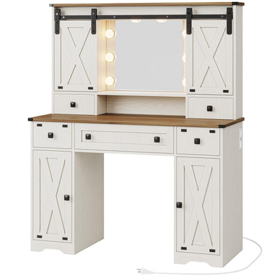 Hasuit Farmhouse Vanity Desk with Mirror and Adjustable Lights in White