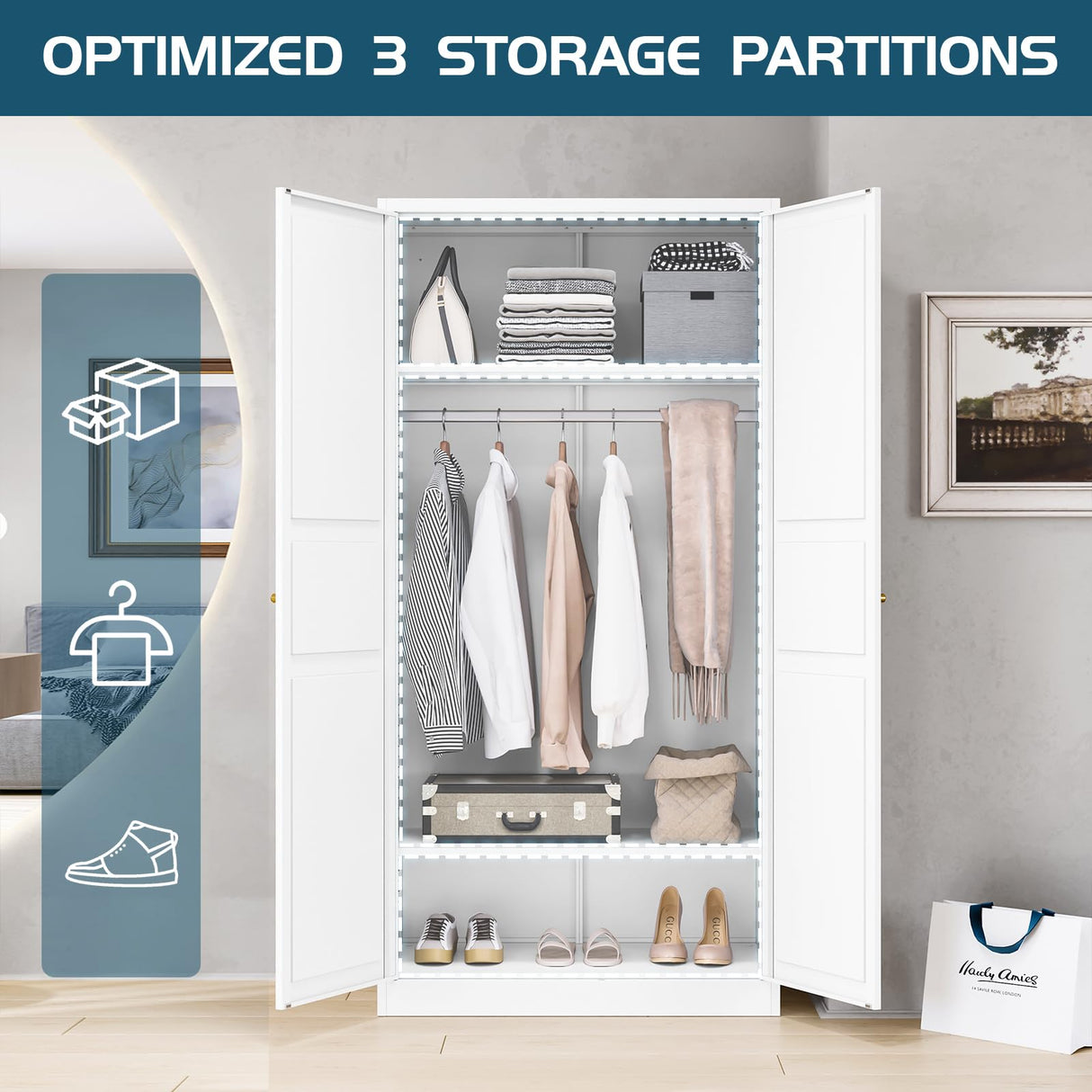 MIIIKO Wardrobe Closet with 2 Doors, 72" Metal Clothing Storage Cabinets with Hanging Rod, Bedroom Armoires Laundry Room and Office Clothes Storage Organizer Cabinets MIIIKO