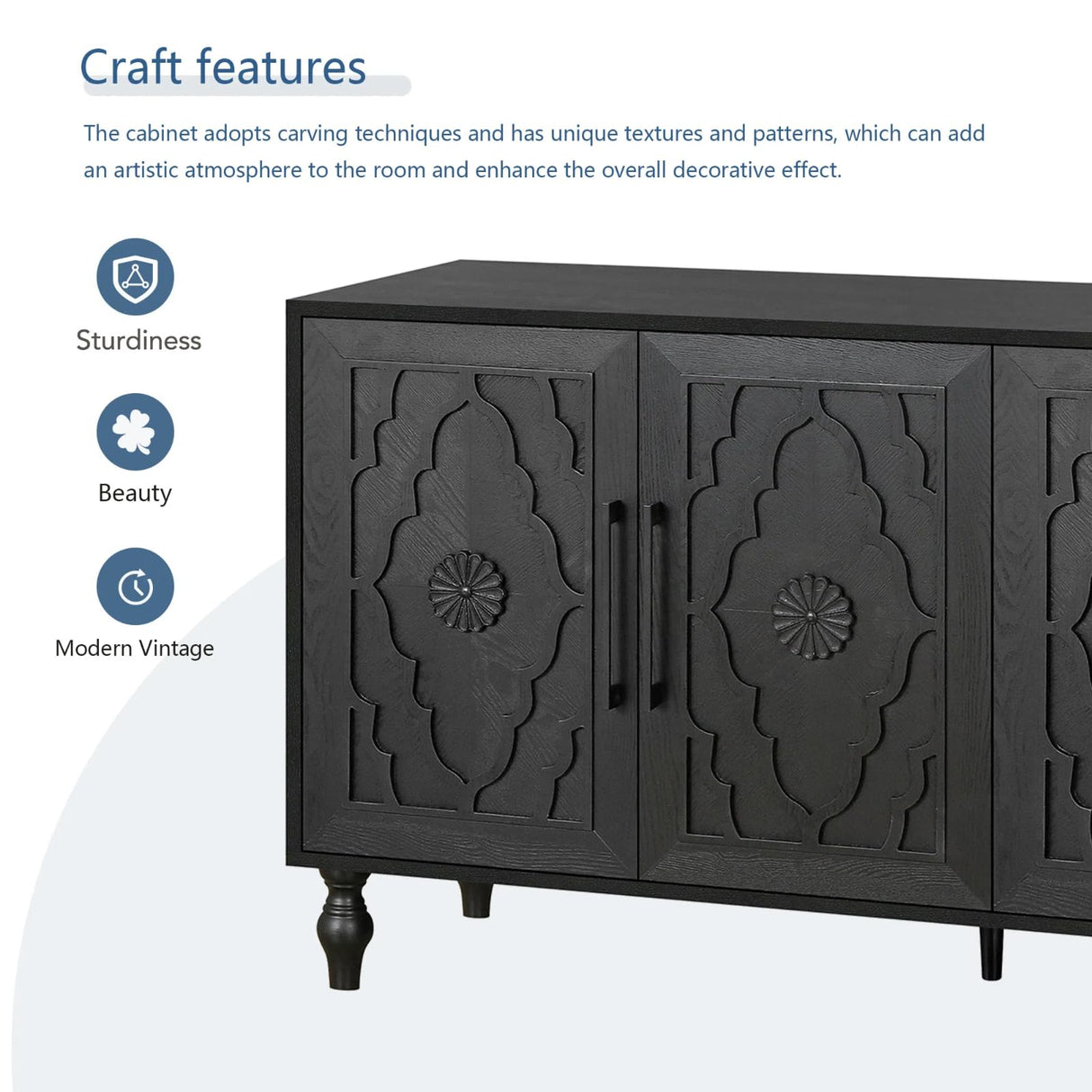 WILSHINE Sideboard Buffet Credenzas for Living Room, 63" Antique Black Entryway Table with Storage Accent Cabinet, Carved Flowers Doors & Wire Holes WILSHINE