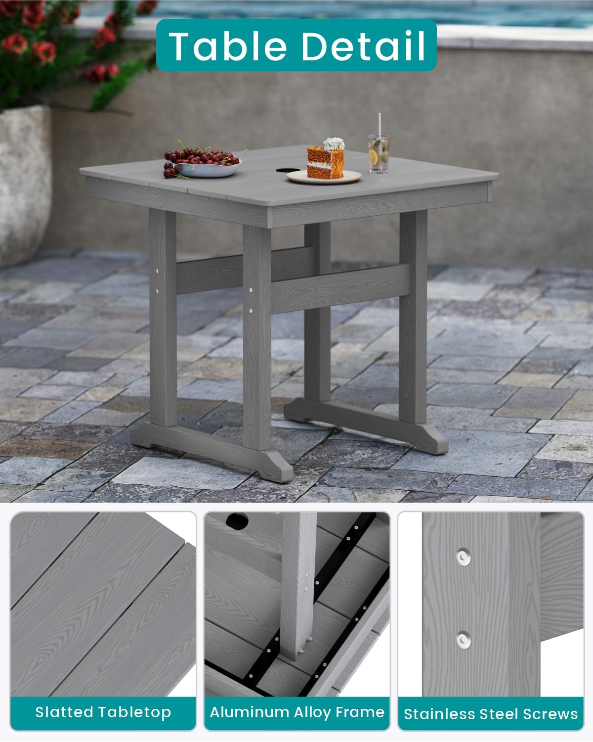 BIVODA 5-Piece HDPE Outdoor Patio Dining Set (Includes 1 Square Table and 4 Chairs) (All-Weather, Easy to Assemble, Umbrella Hole, 10+ Years of Lifespan) - Grey BIVODA