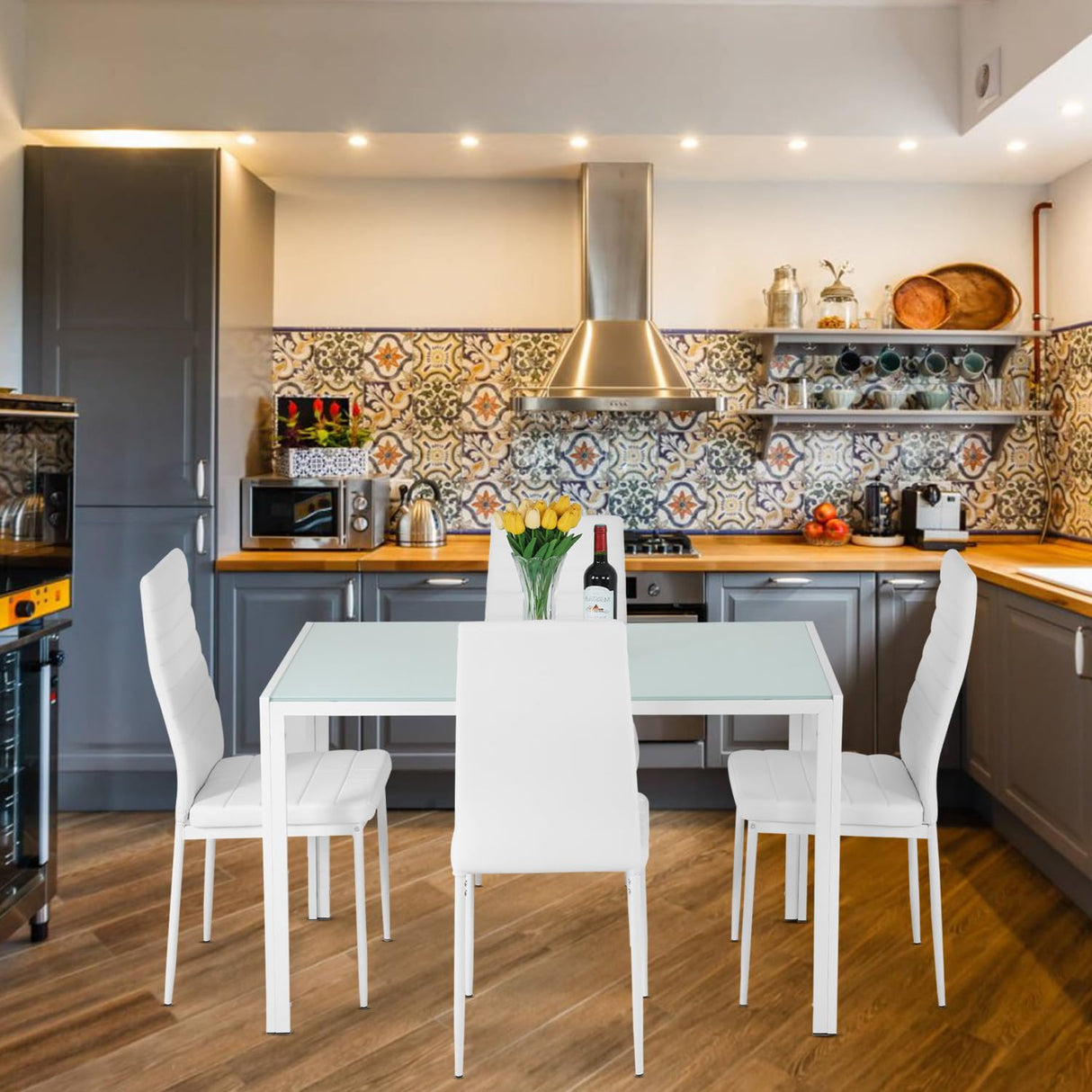 FDW | 5-Piece Dining Table Set | White | Glass Kitchen Table with 4 Upholstered Chairs and Faux Leather Cushions | Space-Saving and Modern Design | for Dining Room, Easy to Assemble FDW