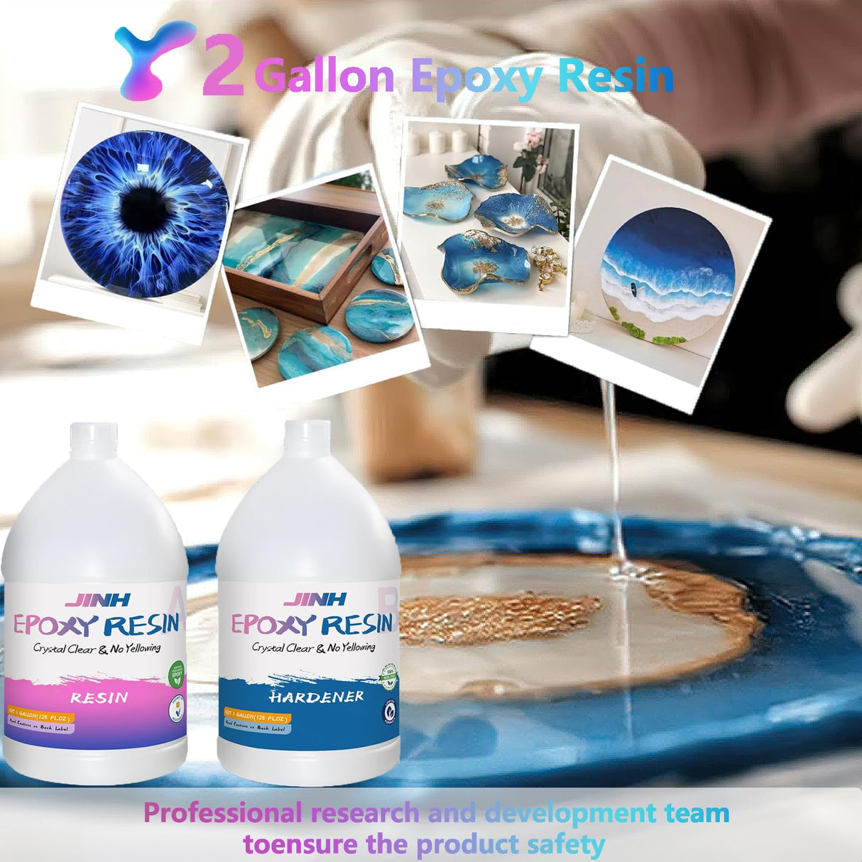JINH Epoxy Resin 2 Gallon, Upgraded Crystal Clear Epoxy Kit UV Resistant No Bubble Self Leveling, 1 Gallon Resin and 1 Gallon Hardener Kit for DIY Art, Jewelry, Resin Art, Molds, Countertops JINH