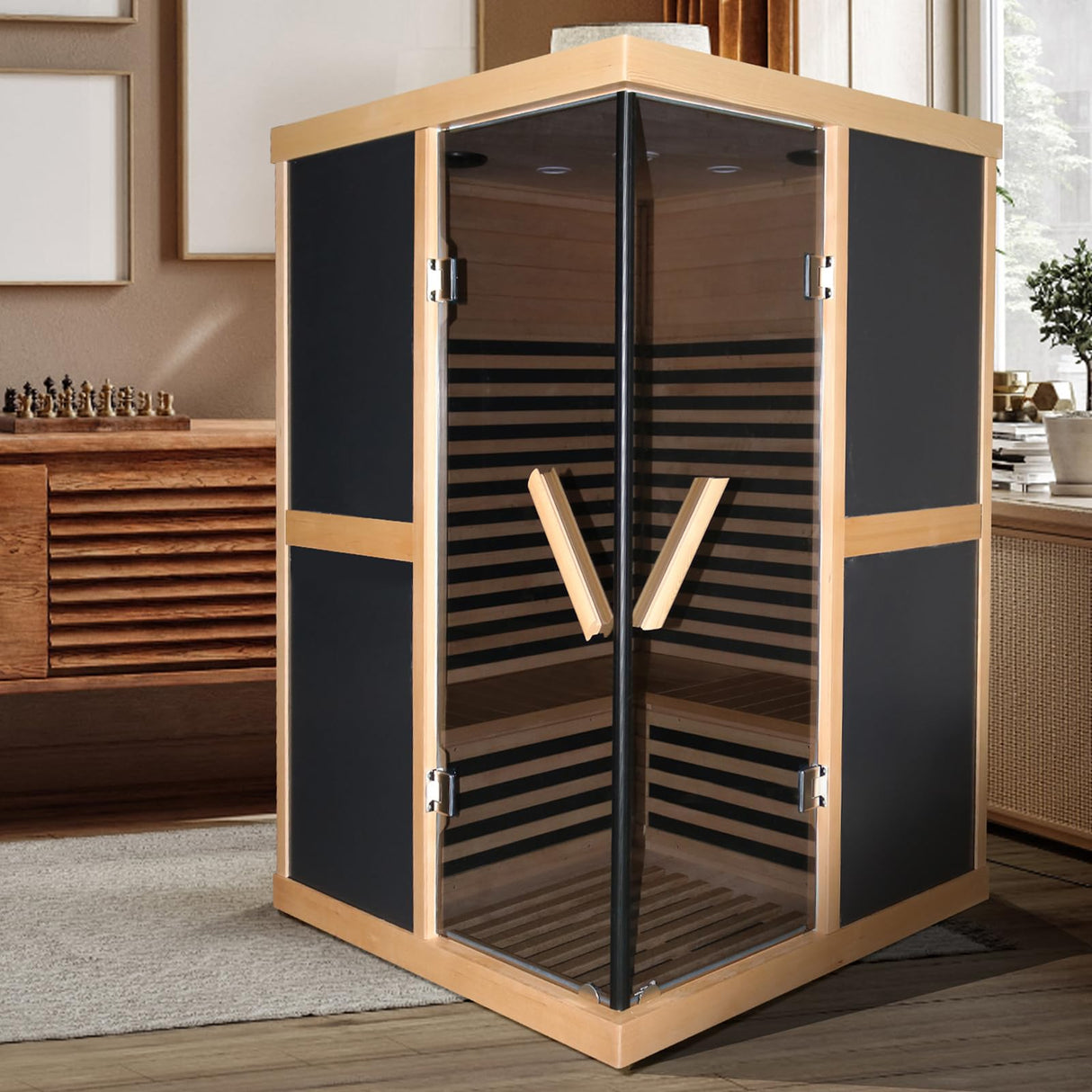 OUTEXER 2 Person Sauna Infrared Saunas APP Control 7 Color Light 1980W Wooden Home Spa Room Canadian Hemlock Wood Low-EMF Indoor Saunas 47.2 * 47.2 * 75.6inch OUTEXER
