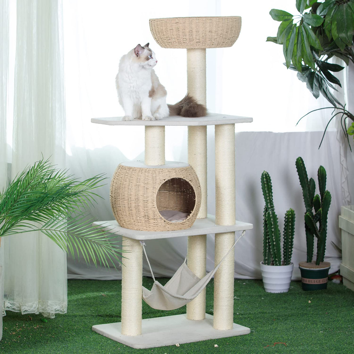 Pawlabay Wood Cat Tree for Indoor Cats, 52.4 Inch Tall, with Scratching Post and Hammock PawlaBay
