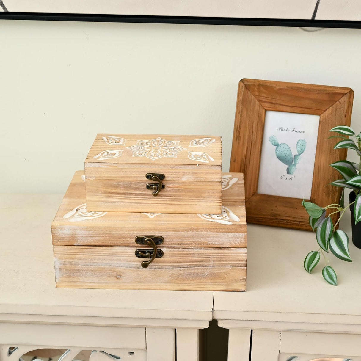 DECOR4SEASON Rustic Farmhouse Wooden Box Set of 2, Handcrafted Pine Wood with Hinged Lid and Intricate Mandala Carved Design for Home Decor DECOR4SEASON