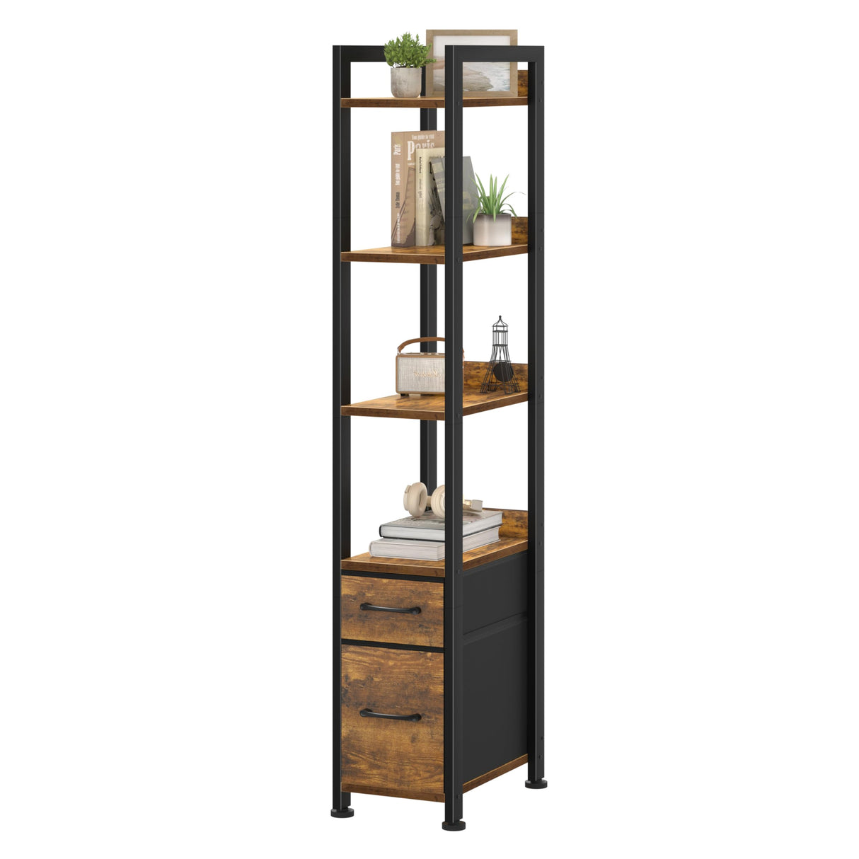 KLUVIS Skinny Bookshelf for Small Spaces - 5 Tier Thin Book Shelf with Storage Drawers Narrow Shelves Slim Bookshelves 2 Fabric Drawer 60 inch Tall, Farmhouse Brown (03BN) KLUVIS