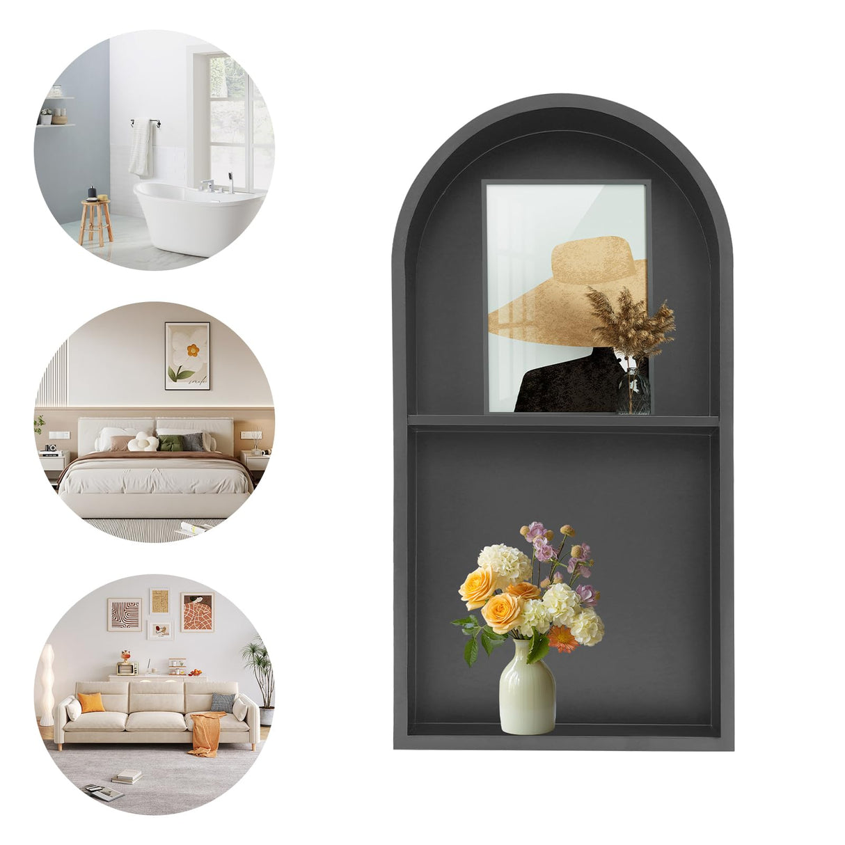 Stainless Steel Shower Niche 12" X 24", Recessed Wall Niche Arched for Shower Wall, No Tile Needed Bathroom Arched Niche Double Shelves Recessed Shower Shelf (Black) WPORDE