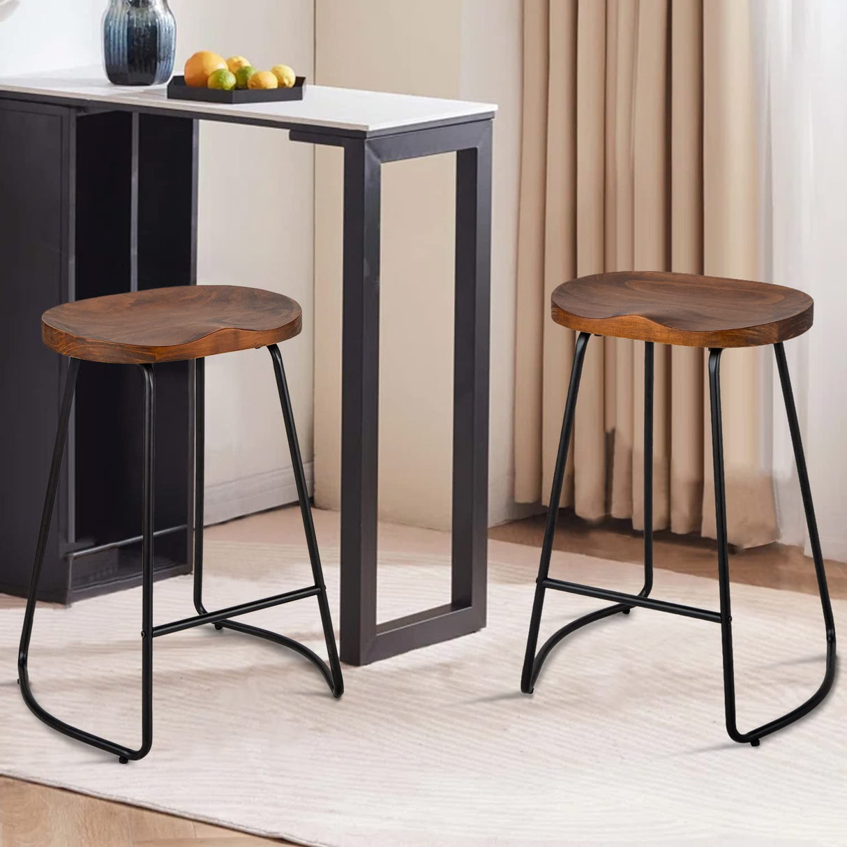 HeuGah Bar Stools, Solid Wood Barstools Set of 2, 26" Counter Height Bar Stools with Metal Leg, Rustic Backless Bar Stools for Kitchen Island, Bar Chairs with Solid Wood Saddle Seat (Walnut, 26 Inch) HeuGah