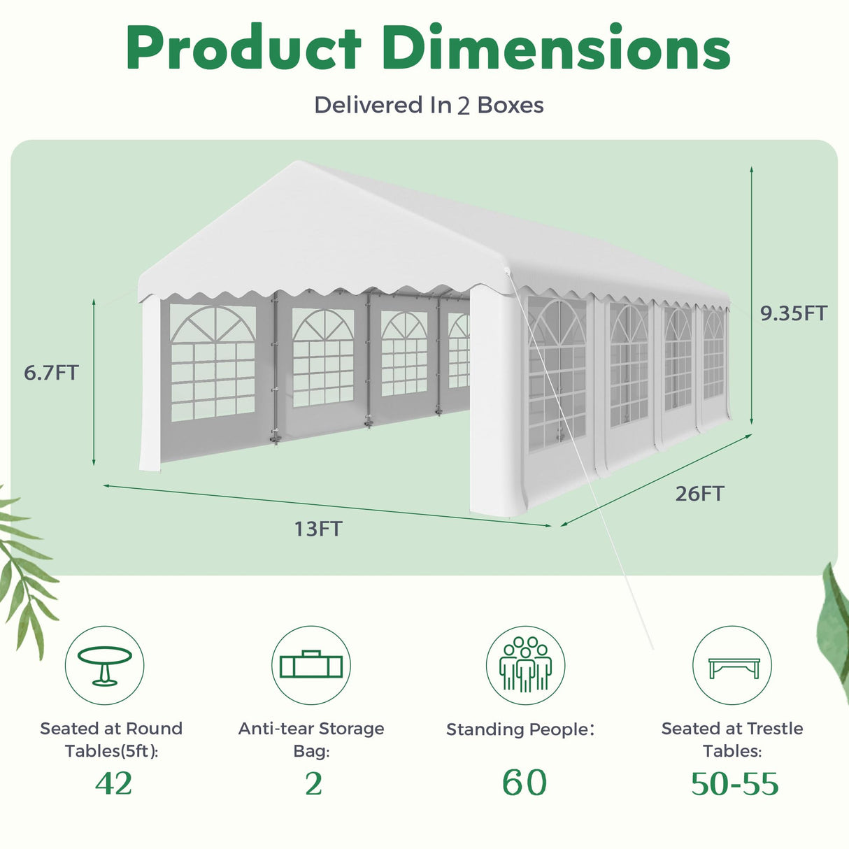 EROMMY 13x26ft Outdoor Party Tent, Heavy Duty Wedding Canopy with 8 Removable Sidewalls, 2 Roll-up Doors & 2 Storage Bags, Gazebo Shelter Tent for Party Event Commercials, White EROMMY