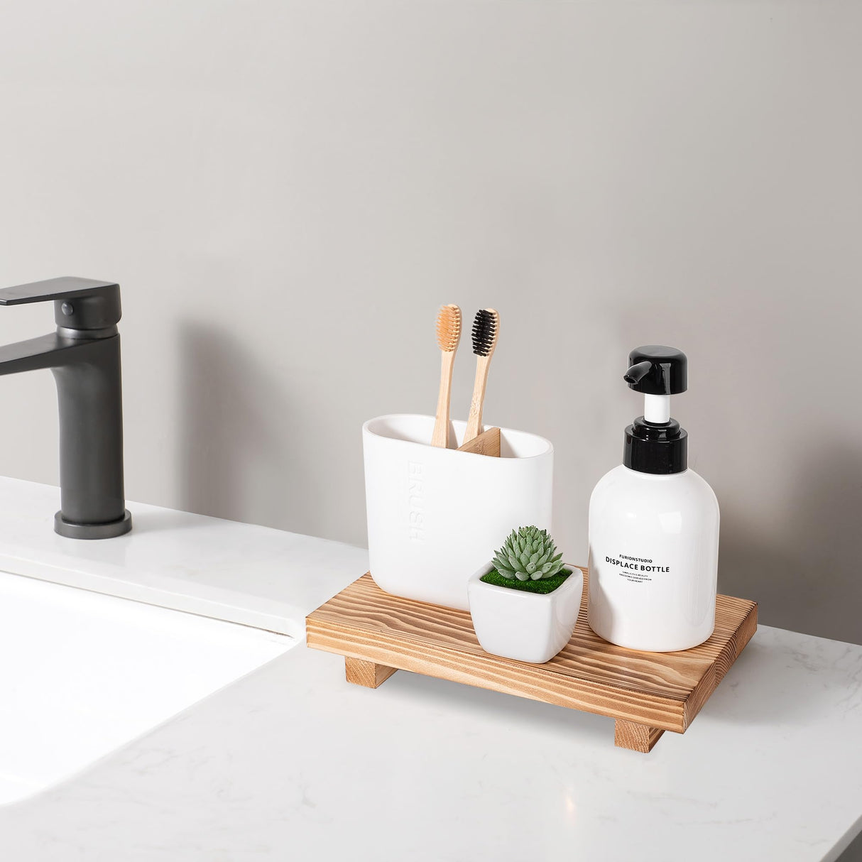 Bathroom Counter Organizer Wood Pedestal Stand Farmhouse Decorative Tray Soap Holder for Kitchen Decor, 9" x 6" - Brown zoocatia