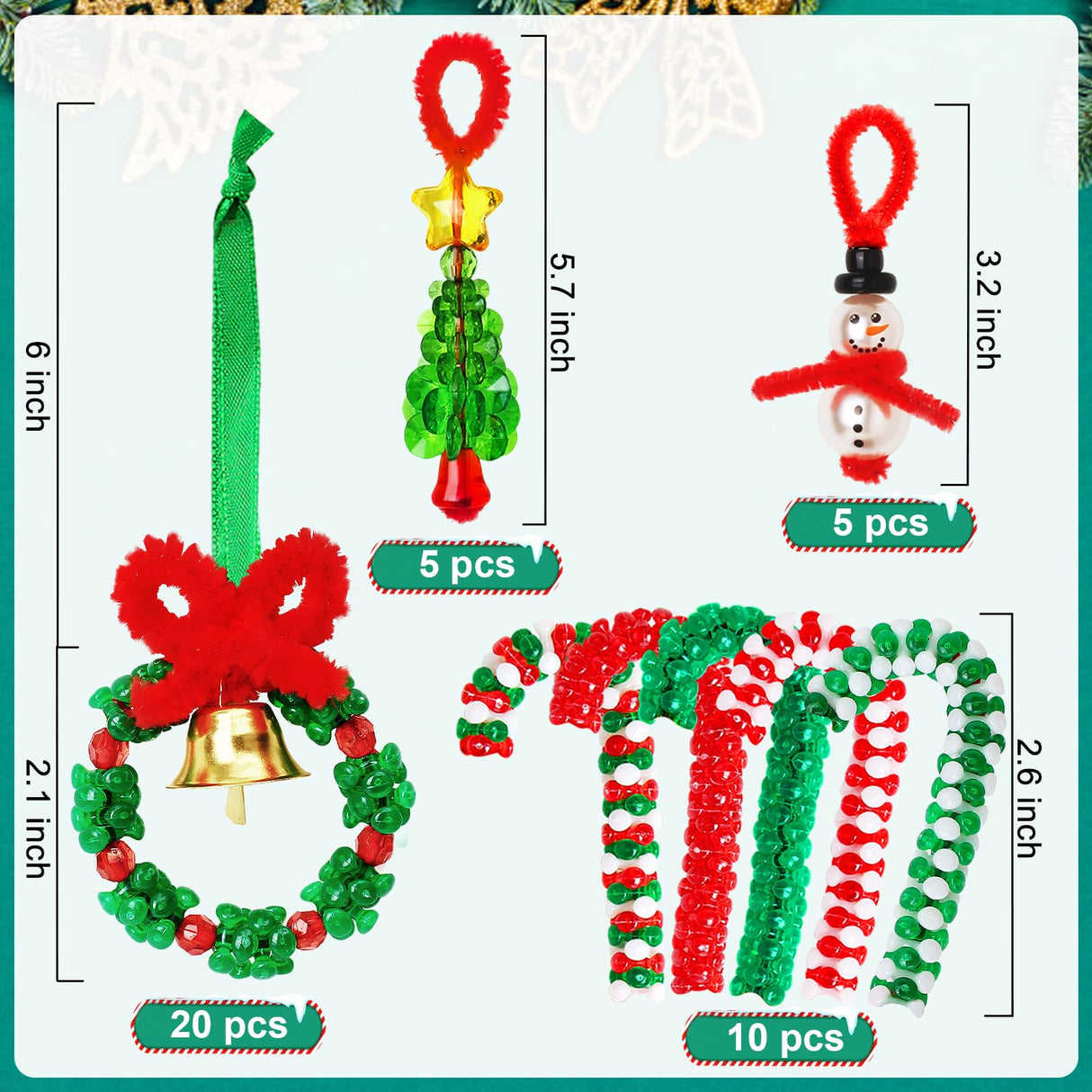 AWHETIE Christmas Crafts for Adults,40 Sets Beaded Ornament Kit,Including 20 Pcs Wreath with Bell/5 Pcs Snowman/5 Pcs Christmas Tree/10 Pcs Candy Cane,Holiday Tree Decorations AWHETIE