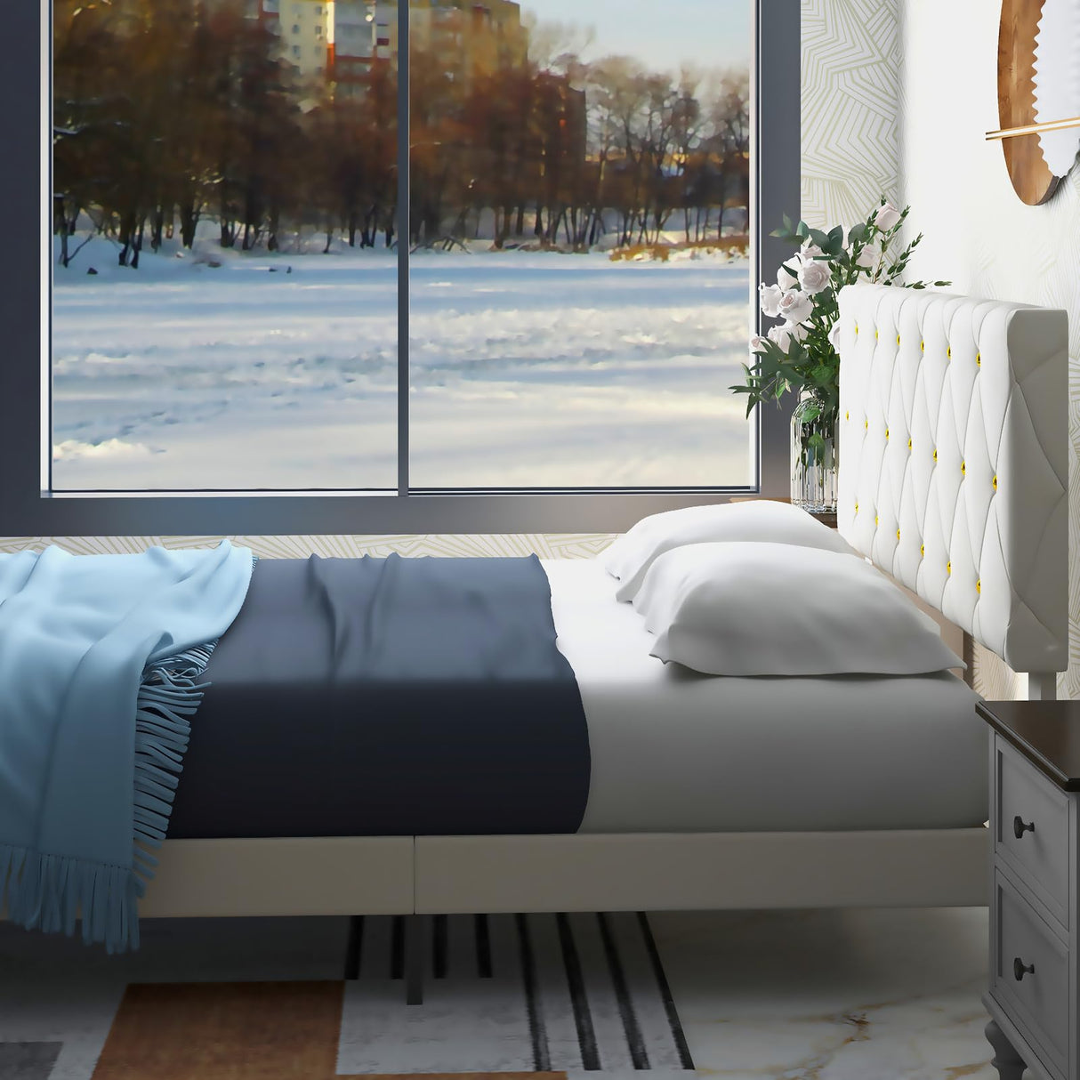 Mhjinuwet Full Size Bed Frame, Velvet Upholstered Platform with Headboard, Easy Assembly, No Box Spring Needed, Non-Slip and Noise-Free with Strong Wooden Slats (Beige, Full) Mhjinuwet