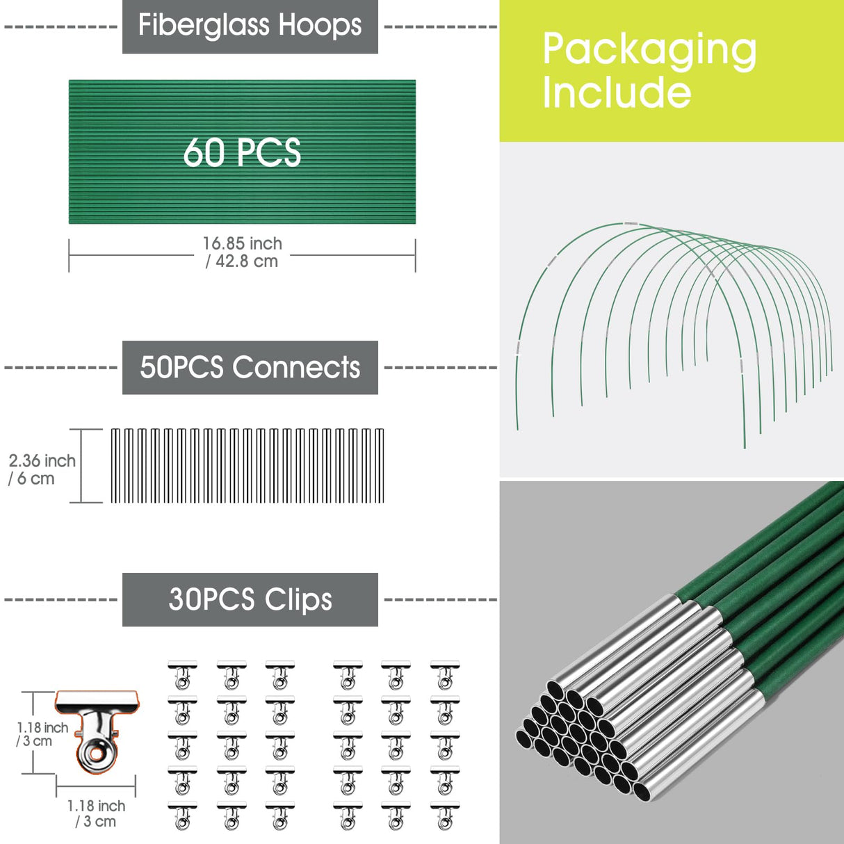 60 PCS Greenhouse Hoops Grow Tunnel 10 Sets of 8.5 FT Long Garden Hoops Kit, RIFNY Rust-Free Fiberglass Raised Beds Hoops for Garden Netting, DIY Garden Support Hoops Arch Frame RIFNY