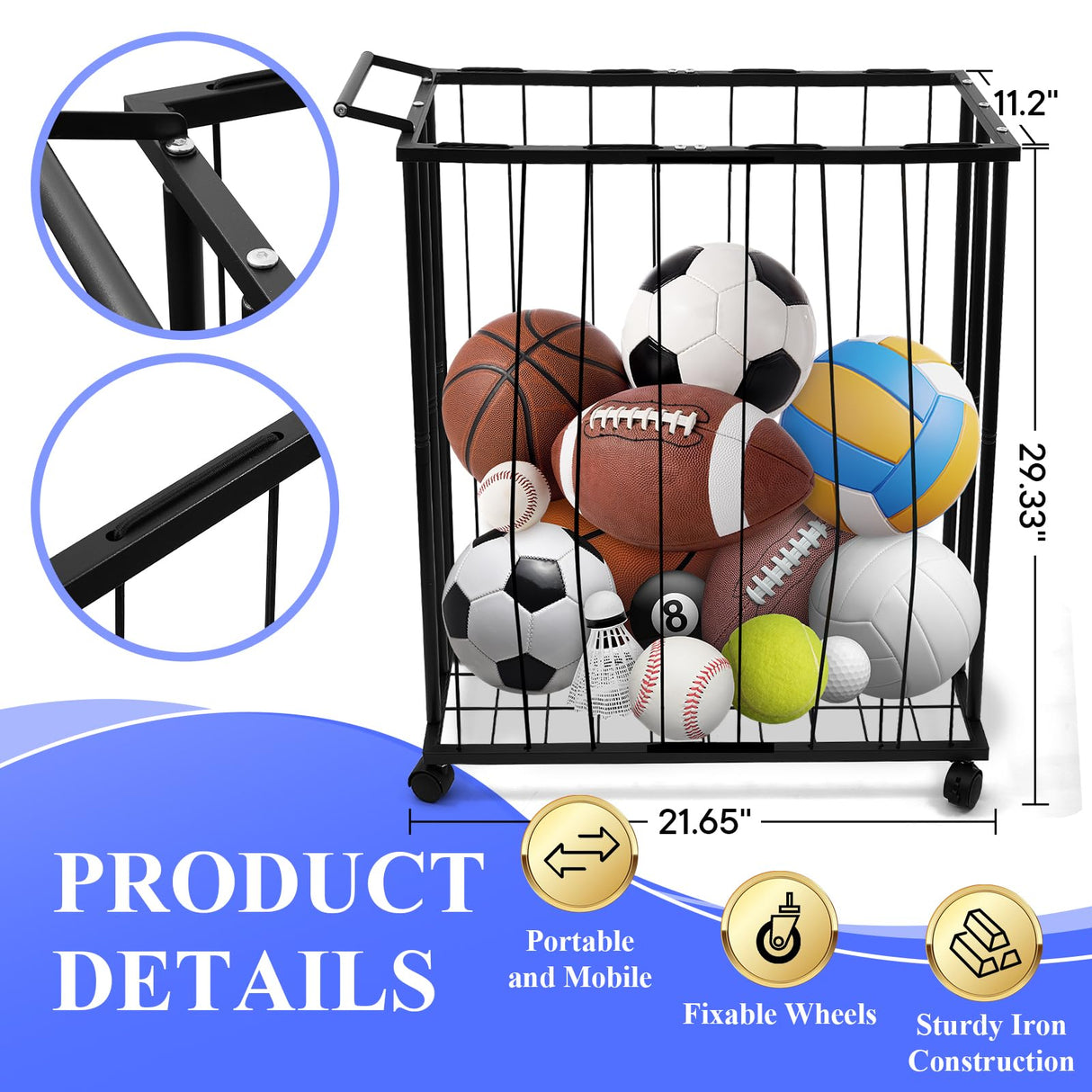 URMMIY Large Garage Ball Storage Rack with Wheels–Rolling Sports Equipment Organizer Freestanding Ball Holder for Basketball Soccer Volleyball Football–Sports Ball Storage for Garage Gym School Home URMMIY