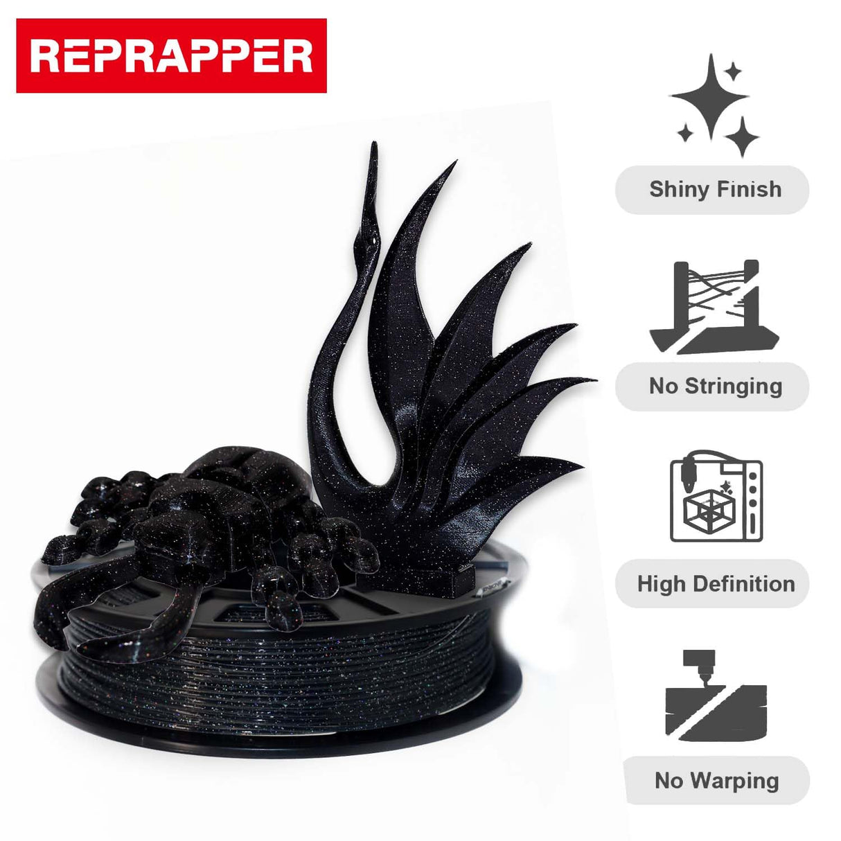 RepRapper PLA Filament, Glitter Multicolor Mixed 250g*4 Sample Pack, Glow in The Dark Sparkle Laser Series 3D Printer Filament, Shiny Galaxy PLA Filament 1.75mm for 3D Printer, 250g*4 Pack RepRapper