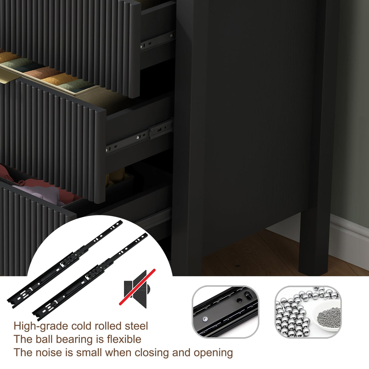 MJADUE Fluted Nightstands Set of 2, Wooden Farmhouse Night Stands with 6 Drawer Bedside Table - Boho Tall End Table Accent Table for Bedroom, Living Room, (Black 2PCS) MJADUE