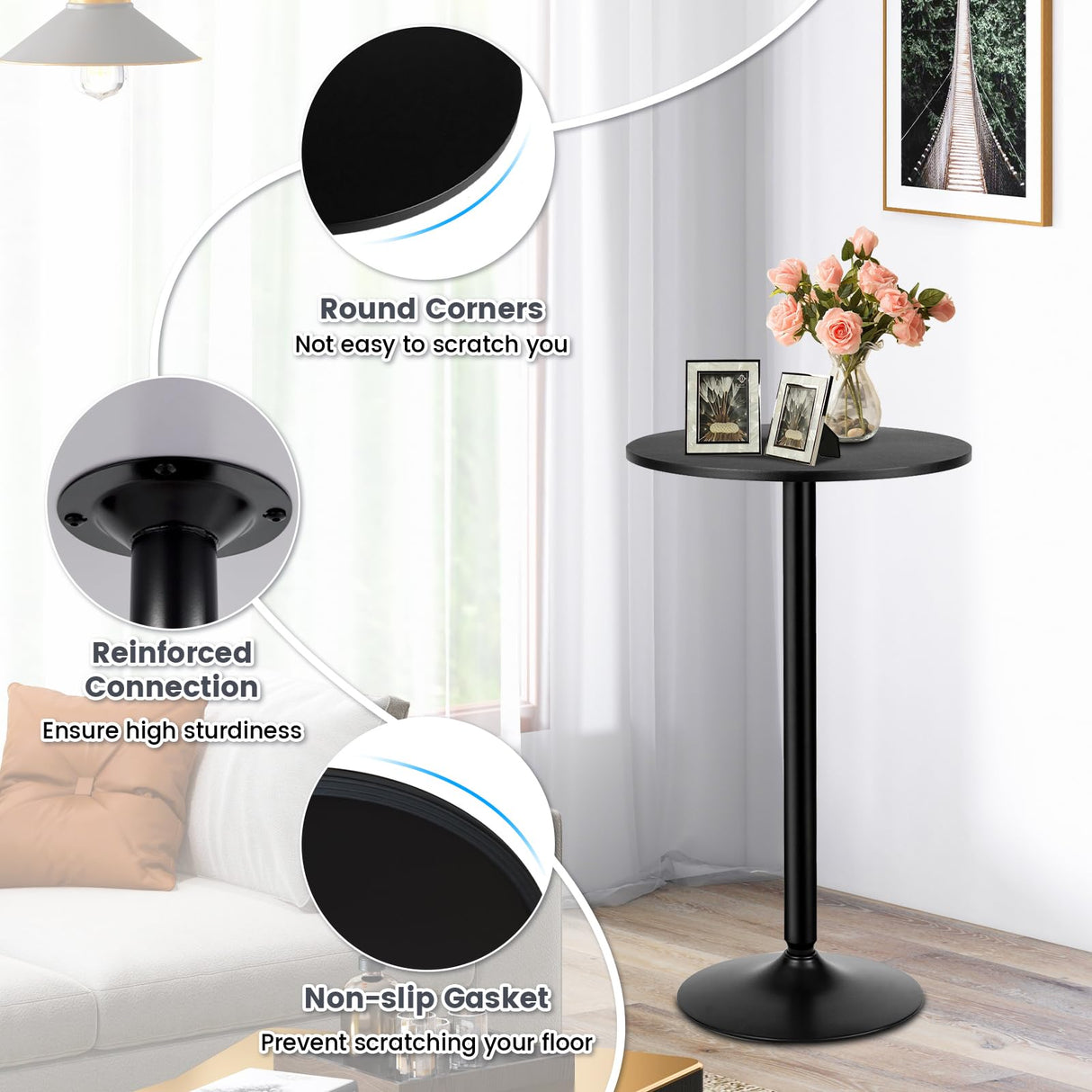 Furniga 24β Round Top Pub Bar Table, 40β Height Cocktail Table w/Metal Base & MDF Tabletop, Modern Circular Bistro High Table for Dining Room Living Room Kitchen Restaurant Home Bar, Black (1) Furniga