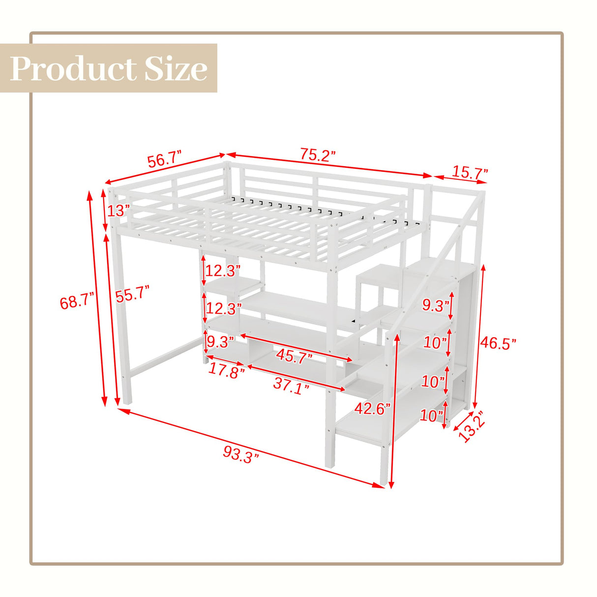 Full Size Loft Bed with LED Light & TV Table, High Loft Beds with Charging Station & Storage Bookcase, Wardrobe, Heavy-Duty Metal Lofts Frame with Stairs for Kids, Teens & Adults Dorms, White Mirightone