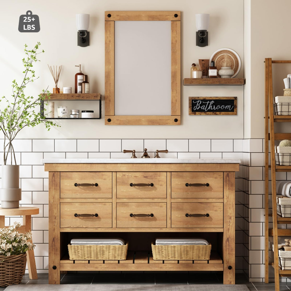 QEEIG Bathroom Furniture Sets, Shelves Over Toilet Bathroom Decor Farmhouse Decorations Aesthetic Décor Sign Small Wall Shelf 2+1 Set 16 inch, Rustic Brown QEEIG