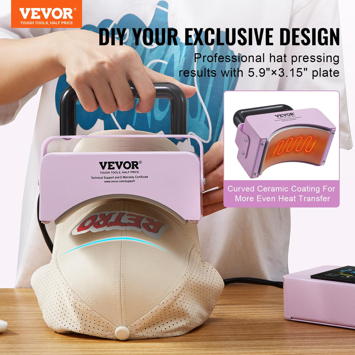 VEVOR Hat Press Machine, Mini Hat Heat Press for Caps with Integrated Control Panel, Cap Heat Press Machine with 5.9x3.15 inch Curved Heating Plate, Safety Base, and Glove, Automatic Shut-Off, Purple VEVOR